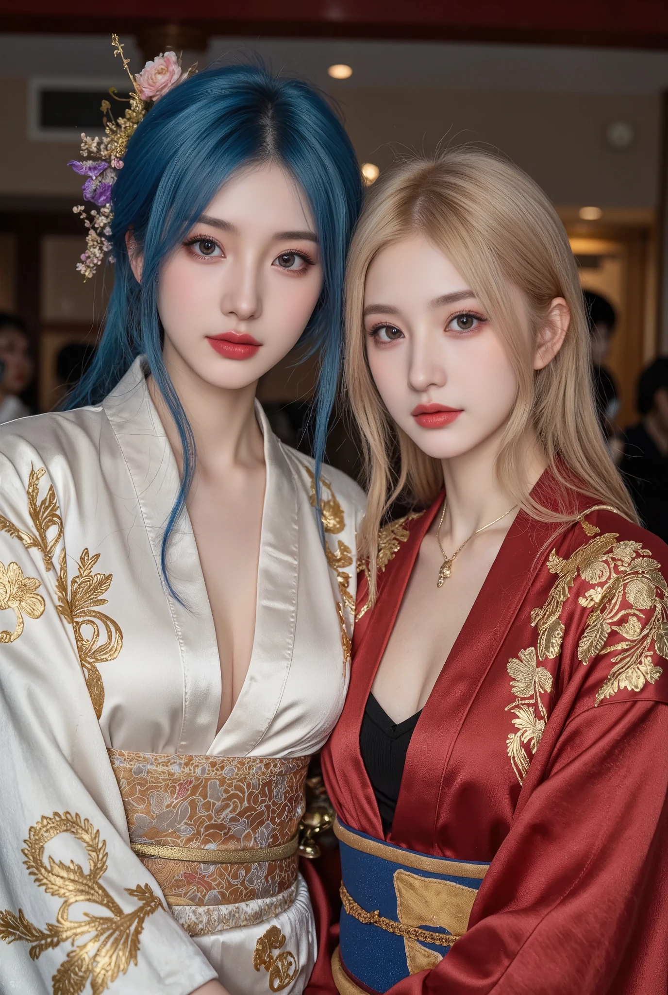20 age ceremony photo, group picture, 2 woman, blue hair and gold hair, Kimono cloak with gold embroidery, sarashi on chest, bewitching make-up.