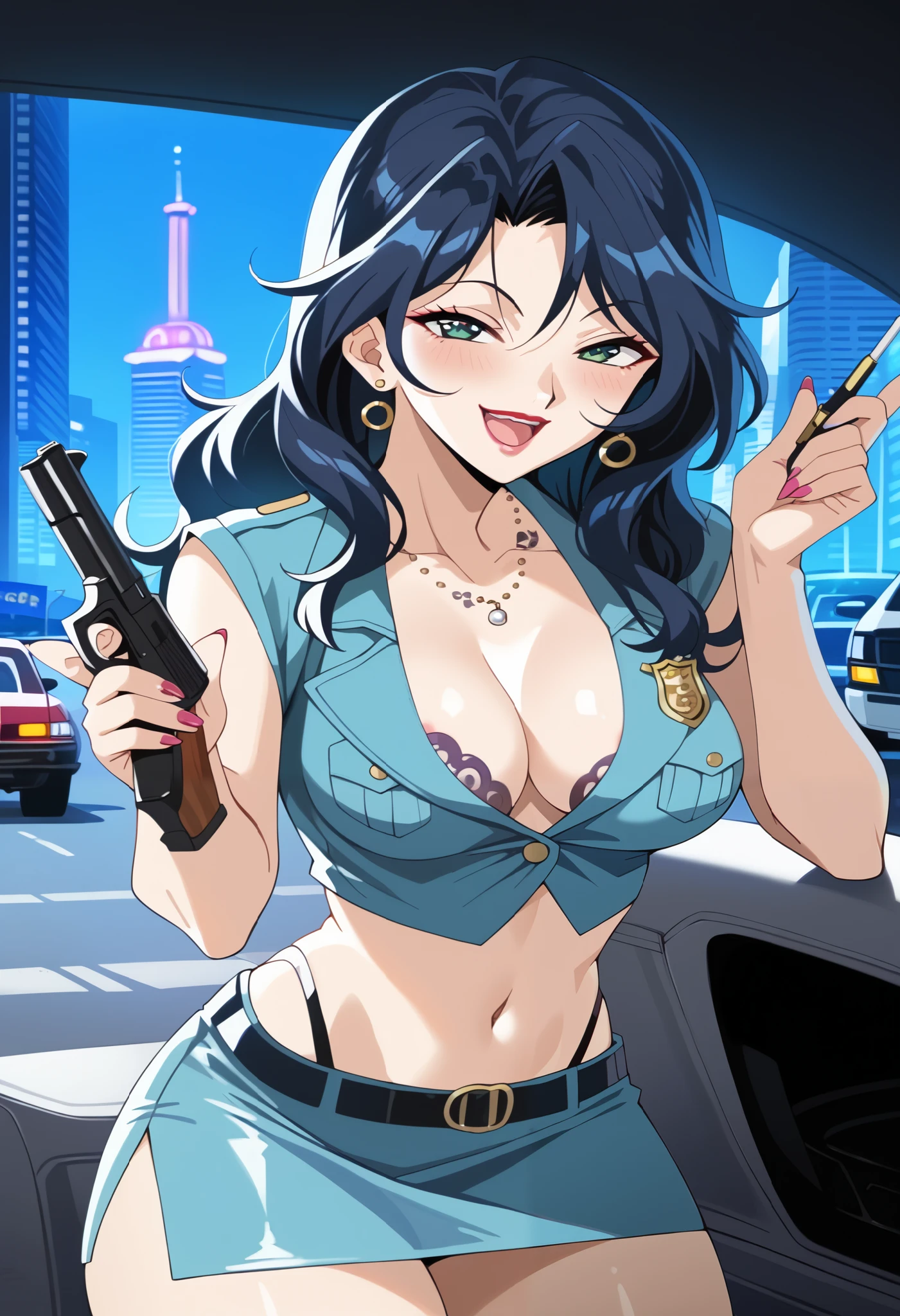 jewelry,gem, necklace, 
blue eyes, purple hair,long hair,Bangs,
long hair, lipstick, smile, Hot girl, baddie, staring, glaring, bad attitude, mean girl, dare, angry, hate, crazy, smoking, sensual, attractive, masterpiece, best quality, highly detailed, a anime girl in police uniforms , police outfit, military outfit,
open mouth, cleavage, evil smile, smile, ecchi anime style, anime girl, digital anime art!!, in anime
style,, official artwork, , beautiful anime girl, anime style 4 k, micro pencil
skirt, pencil skirt, micro skirt, exposed
belly, exposed navel, exposed midriff, exposed lower belly, holding a gun, holding pistol,next to police
car,outdoor,street,road, police car, navel piercing