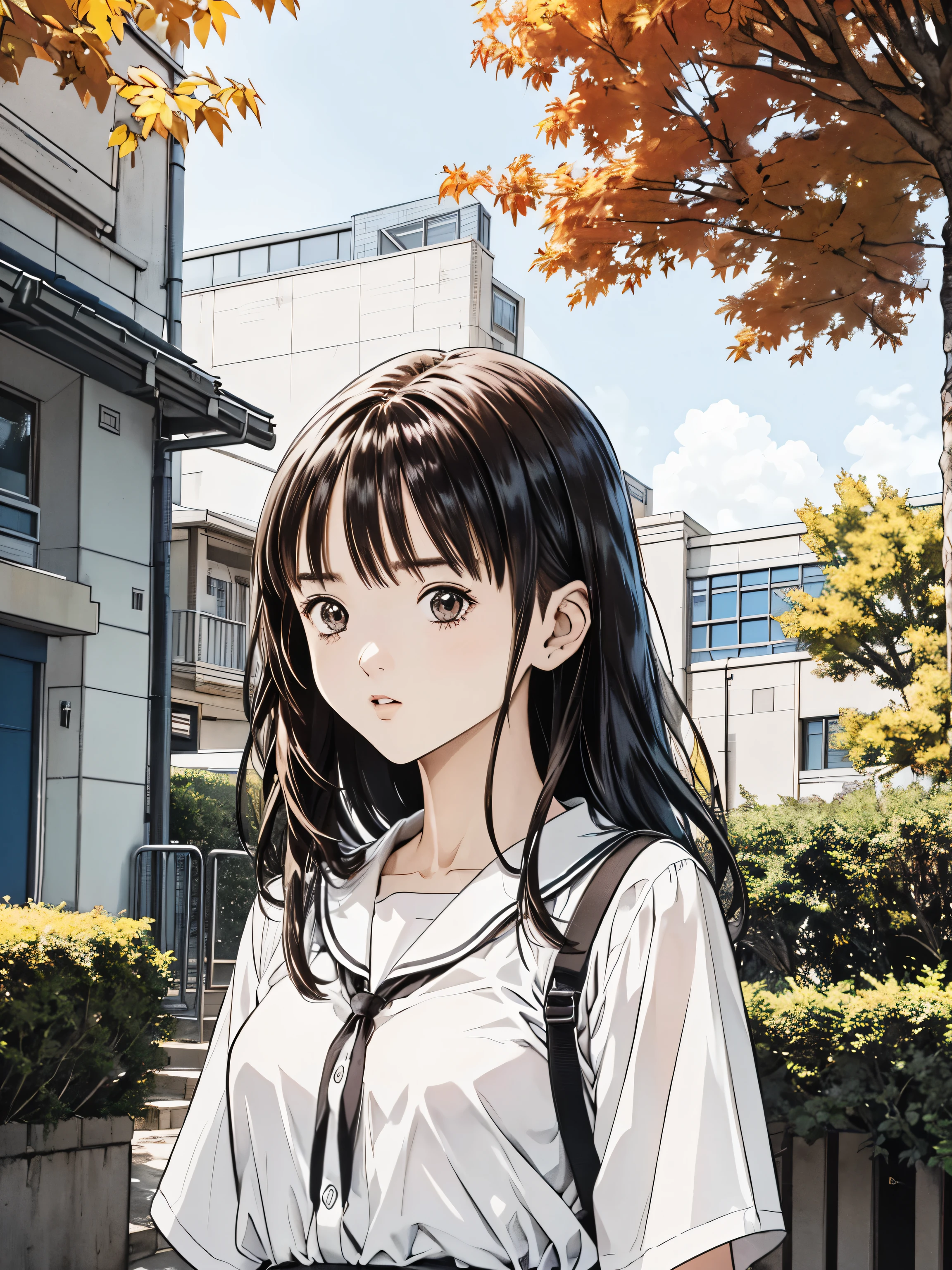 (8k、 best quality 、​masterpiece:1.2)、( realistic、ultra-detailed、 super A high resolution、 1 girl、、 beautiful detailed faces、narrow、( Slim Waist ) :1.3)、autumn服、autumn  、 skin texture、Floating Hair、  Professional Writing 、服、 An anime character with glasses 、 Human body、 brown hair、(Timid、 quiet 、Junior high school students、 embarrassing)、(( An anime character with glasses る))、