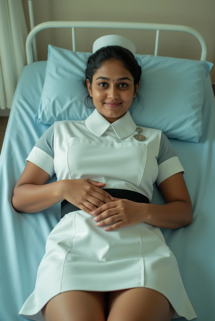 photo of a Sri Lankan 25 years old nurse, wearing nurse cap, nurse uniform, white above knee skirt, white socks, white nurse shoes, classic bun short hair, black strip in waist, big breast, cinematic lighting, smiling face, lying on a bed in sri lankan hospital rest room, upskirt, seductive gaze 4k, photorealistic, detailed, tan color sweaty skin.