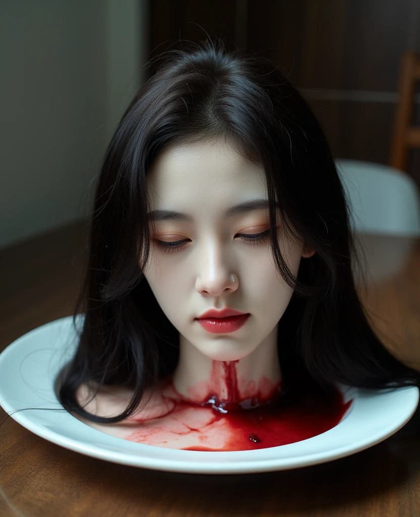   place the head of a decapitated woman , Asia,  Less blood stains   , ((  with eyes closed )),   like a dish on a plate  , Bloody,  actual , 4K, Nikon, fear