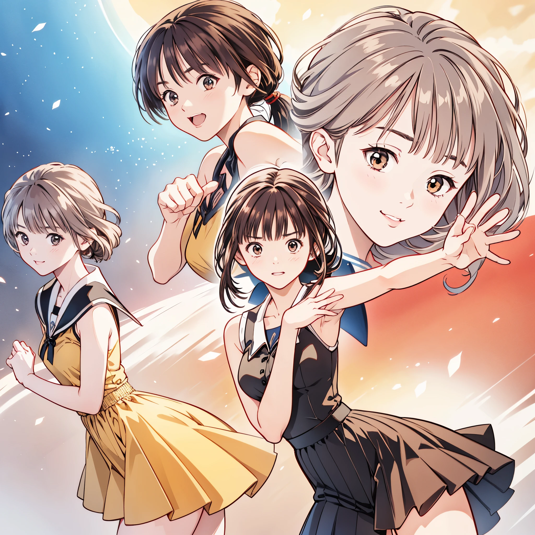 (8k、 best quality 、​masterpiece:1.2)、( realistic、ultra-detailed、 super A high resolution、 2 girls、(One person has silver hair 、一人は brown hair )、 beautiful detailed faces、smile、narrow、( Slim Waist ) :1.3)、summer服、summer、Hokkaido  、 skin texture、Floating Hair、  Professional Writing 、服 人体全体、 brown hair、Shy、Mikity、 romantic 、((Junior high school studentstail、 idol p