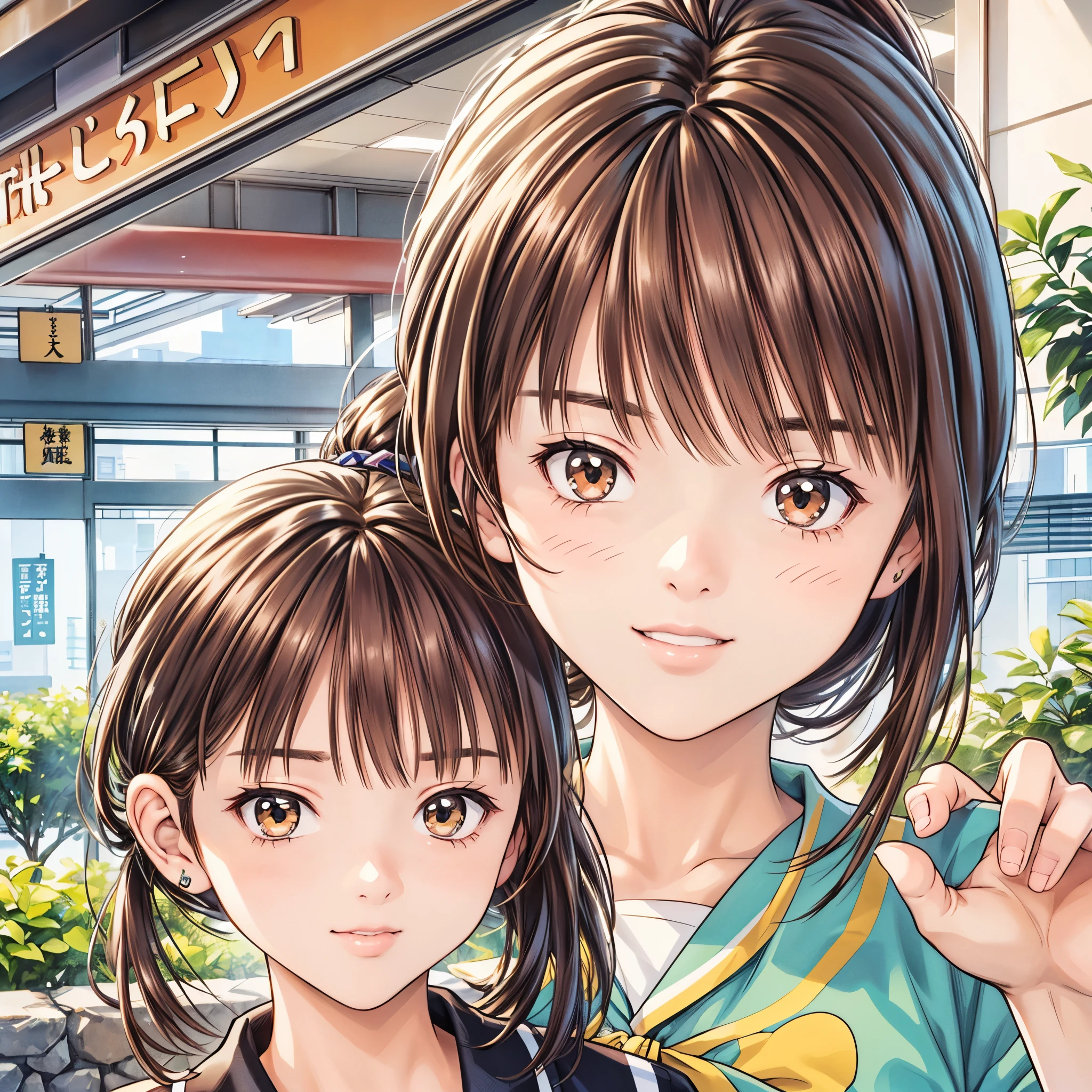 (8k、 best quality 、masterpiece:1.2)、( realistic、ultra-detailed、 super A high resolution、 2 girls、(One person has silver hair 、一人は brown hair )、 beautiful detailed faces、smile、narrow、( Slim Waist ) :1.3)、summer服、summer 、 skin texture、Floating Hair、 Professional Writing 、服 人体全体、 brown hair、Shy、Mikity、 romantic 、((Junior high school studentstail、 idol p