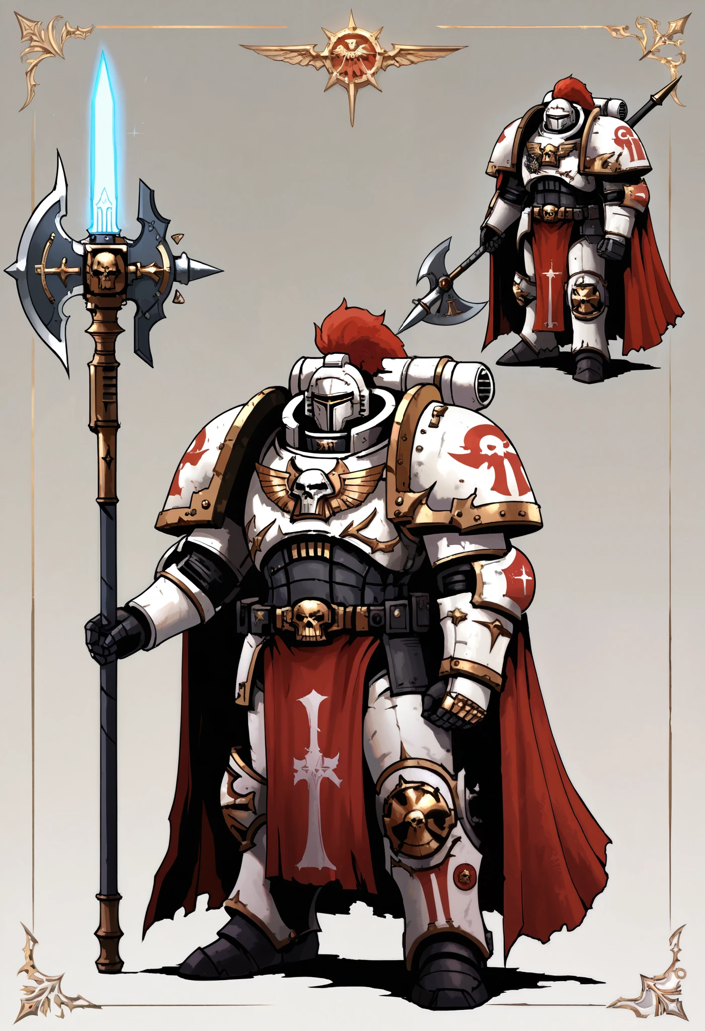 Anime, Concept art, Absurd resolution, high resolution, (masterpiece: 1.4), hyper-detail, warhammer 40k terminator armor, Juggernaut armor, heavy armor, knight, full body, glowing weapon, cloak, armor, red trimings, edgy, grimdark, octosoup, 1man, bulky, buff, red plume, loin cloth, primaris helmet, reference sheet, iron halo, GreyK40k, full shot, Holding_Halberd_V1, front view: 1.2,