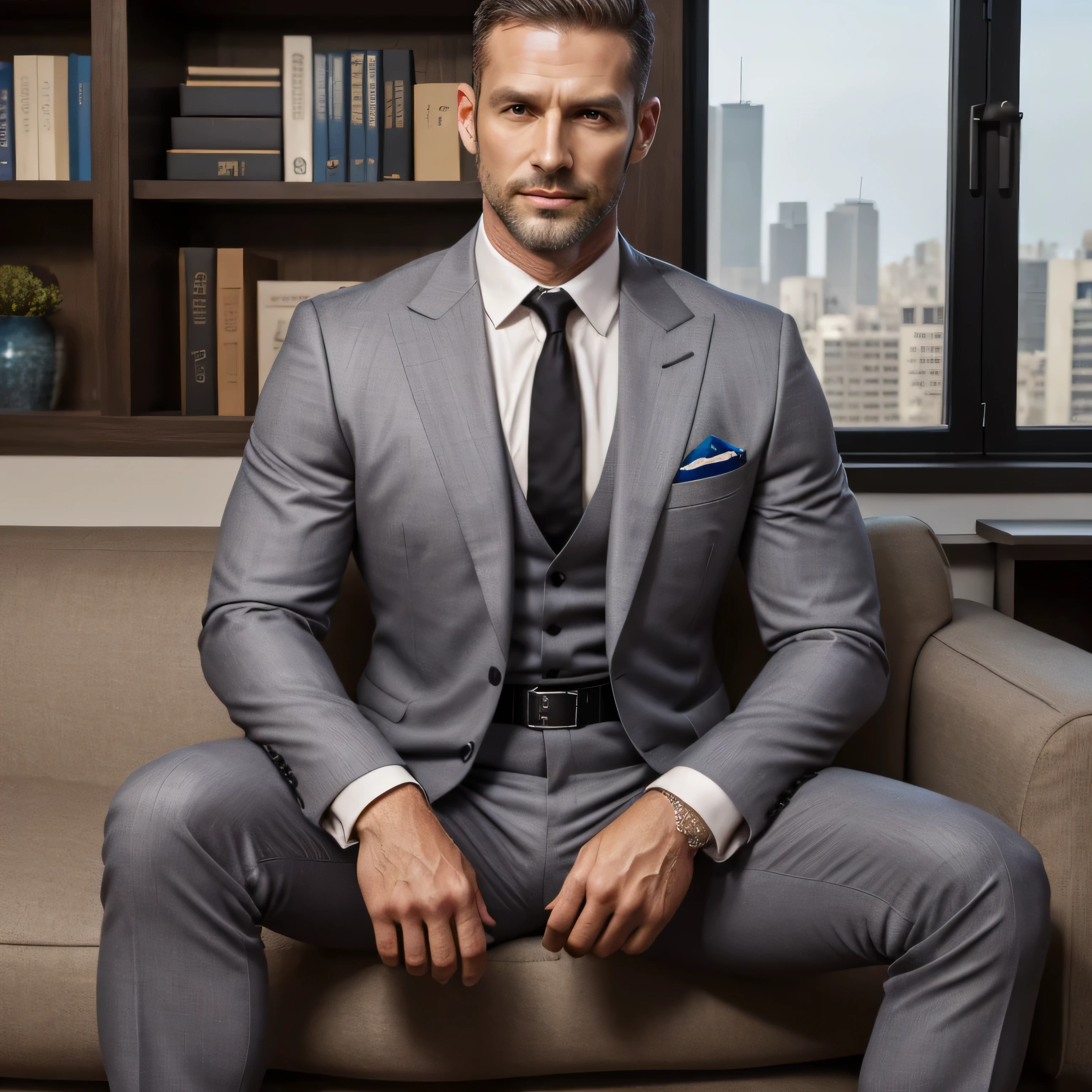 40 year old handsome , One Man,、 muscularity、Israeli。 grey suit ,black tie、 shorthair 　、 office、 is sitting on the couch、 grey suit、black tie、 Grey slim pants 、 Lift your upper body 、Focus on facial expressions　Israeli　Front　 Hermès belts　