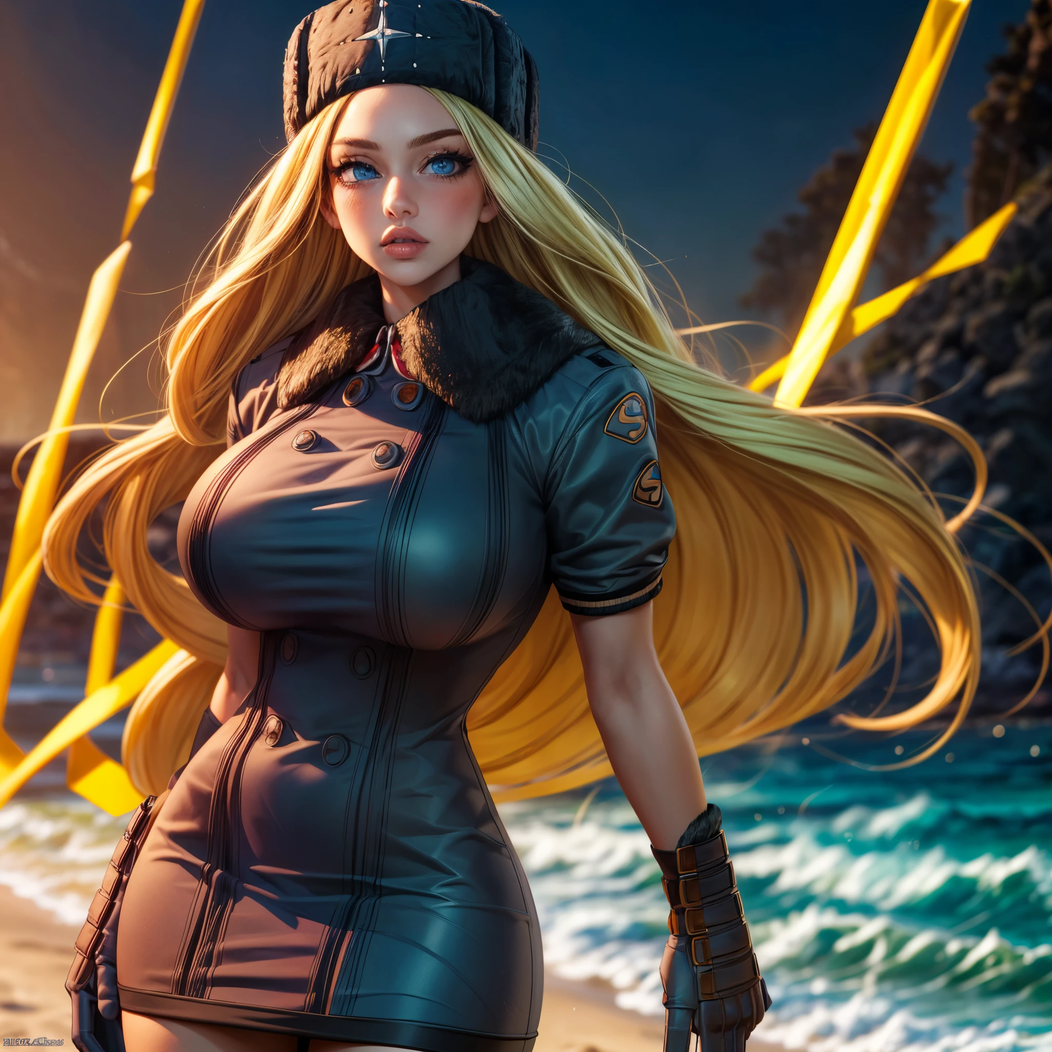 ( super real,32K, Masterpiece:1.2),( High Definition Skin on the Beach :1.1),( High Quality :1.1),
( close one eye:1.1),SF Colin, Blonde, blue eyes, fur hat, dress, jacket, gloves, miniskirt ,black panchilla,Bare legs, blurry background ,,( stare at viewers, portrait:1.1),Kissing Face, blush,( huge breasts , big breasts:1.1),(Dense Light :1.1),