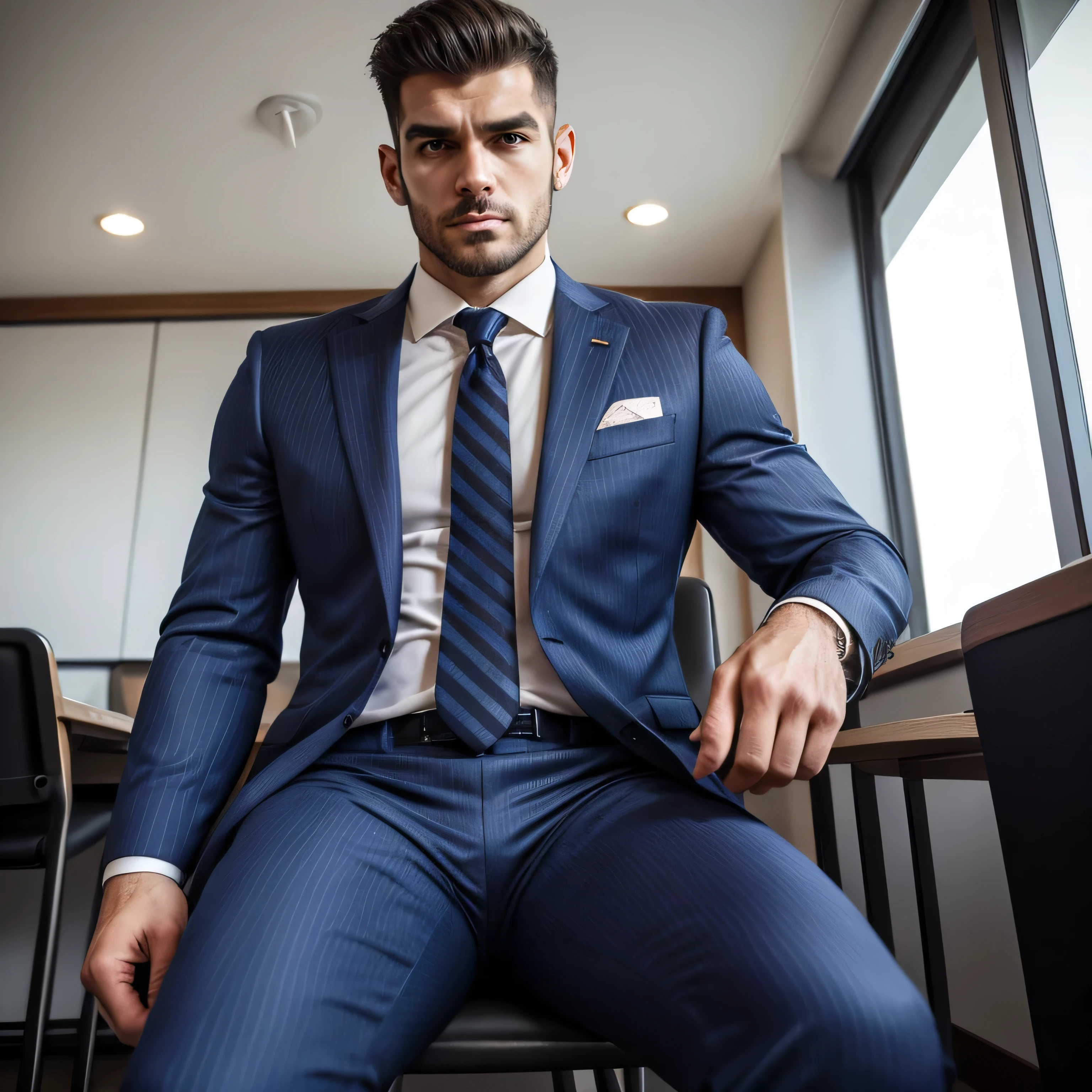 masterpiece, best quality, high resolution, closeup portrait, male focus, full body focus, A man, 30 years old, with business suit, formal shoes and socks, brown hair, messy hairstyle, cute and seductive face, big chest, facial hair, roman nose, very skinny body, hairy legs, dimples, beard, bold jawline , in the background a fire station, his perfect big penis is coming out, masterpiece, below, amazing composition, front view, HDR, ultra quality, elegant, highly detailed, in sunlight