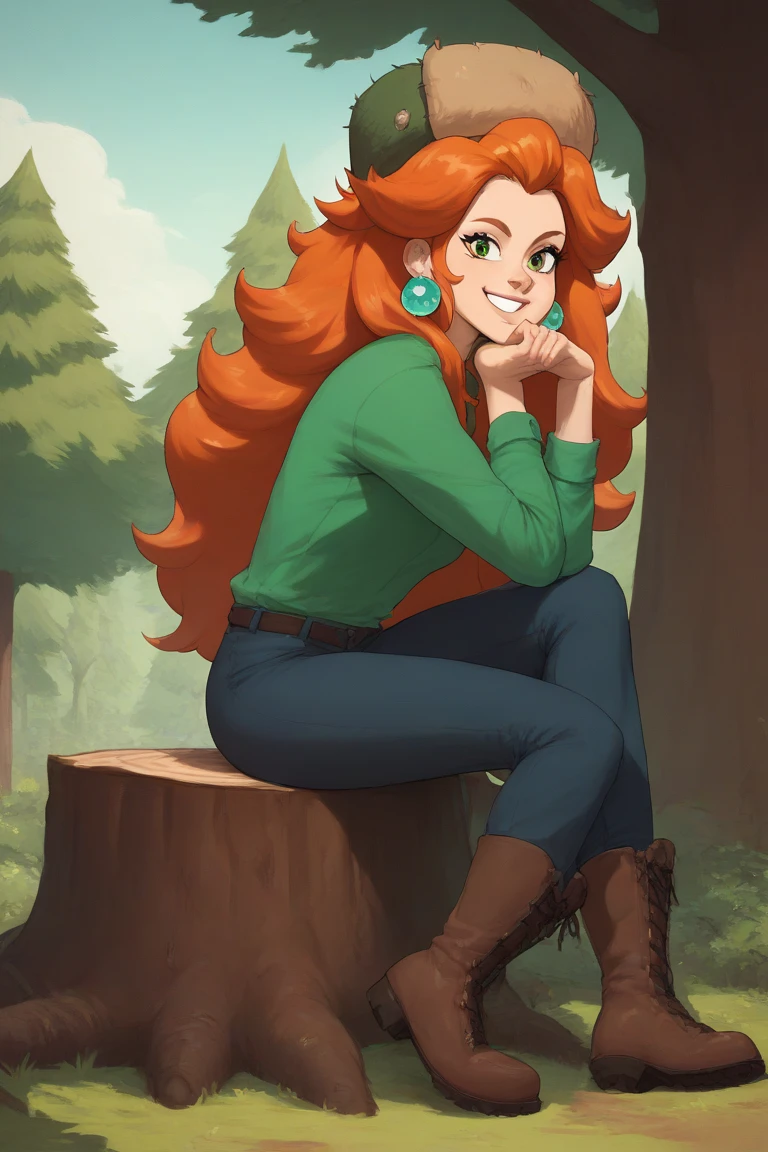 wendy, long hair, 1girl, orange hair, green shirt, earrings, fur hat,smile, pants, ,outdoors, tree, boots, sitting, tree stump, hand on own chin, looking at viewer,