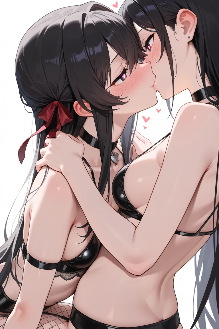 full body shot of 2 young women standing, (kissing lovingly), heads close, black pleated_skirt, black high heeled thioots, cute turtleneck_sweater, medium breasts, ((uncensored), black velvet choker, (tied up:1.3) (bondage:1.3), ((arms behind back)), (happy), 8k wallpaper, masterpiece,