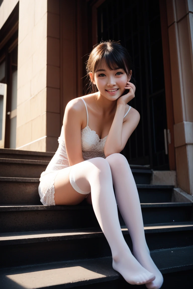 ulzzang -6500-v1.1, (Raw photo:1.2), (Photorealsitic), (See-through:1.3), (Real: 1.4), ((European age girl)), Popular models who are horny、Ethereal beautiful body, jaw-dropping beauty、slim, Petite, Small、Smile of shame、Soft light, (Shiny blonde hair、Blonde Uphair、blue eyess)、(white leotard for ballet)、(Super realistic white tights:1.2)、Ballet Lessons、Sitting on the floor, (Wide legs open:1.2), Smile of shame、realistic skin textures, Detail Face, Beautiful detail eyes,  make - up, (detailedbackground:1.2), shinny skin、Exposed thighs!!!、