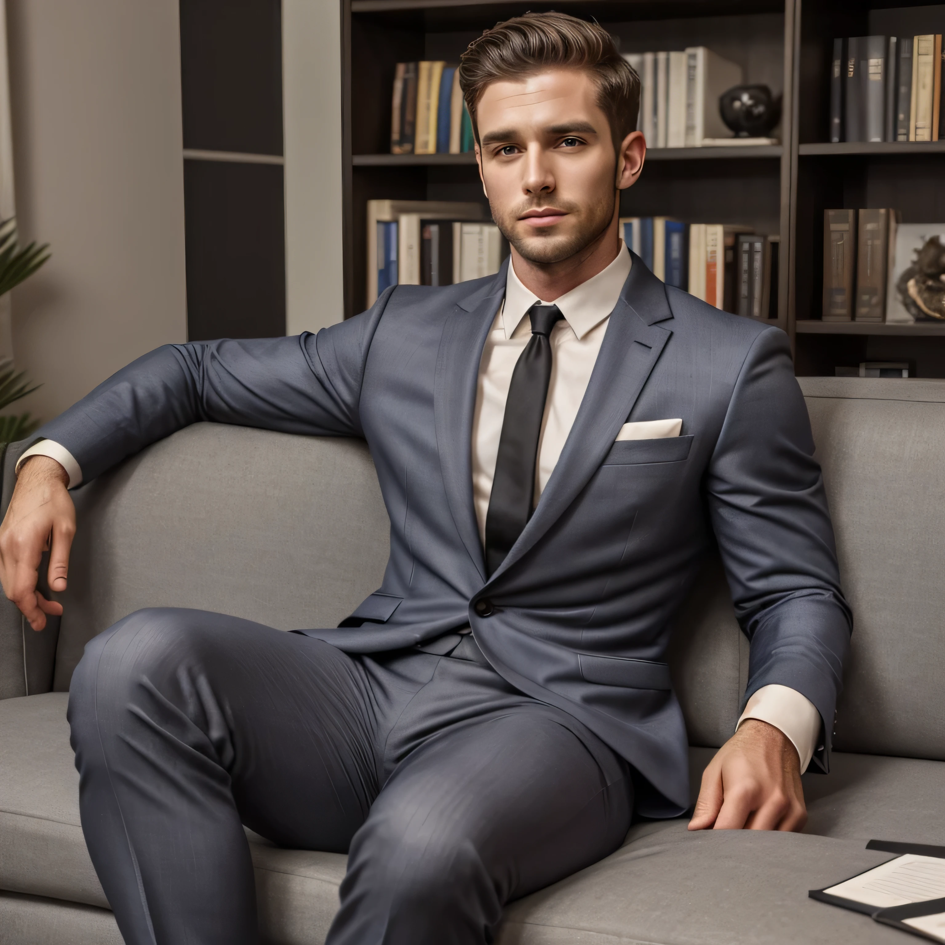 30 year old handsome , One Man,、 muscularity、Israeli。 grey suit ,black tie、 shorthair 　、 office、 is sitting on the couch、 grey suit、black tie、 Grey slim pants 、 Lift your upper body 、Focus on facial expressions　Israeli　Front