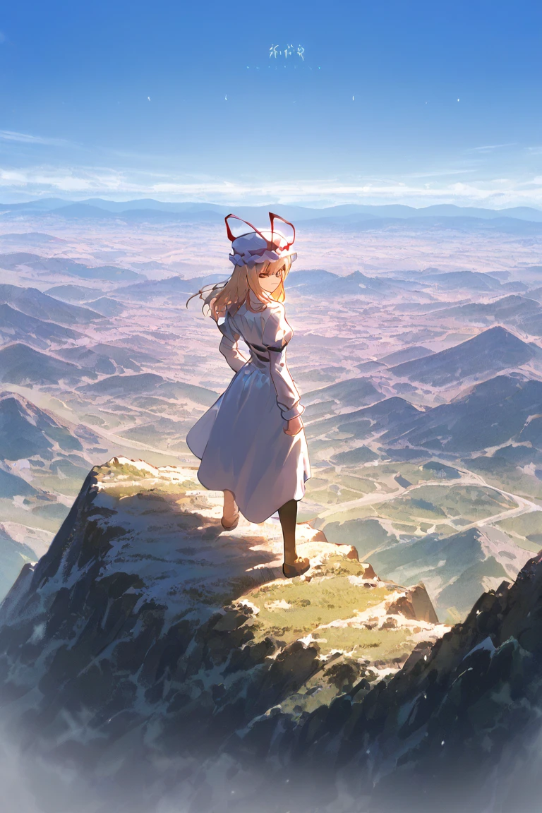  Yukari Yakumo standing on her back looking at the view of the dazzling landscape,  Overview , Cheerful cold tones 