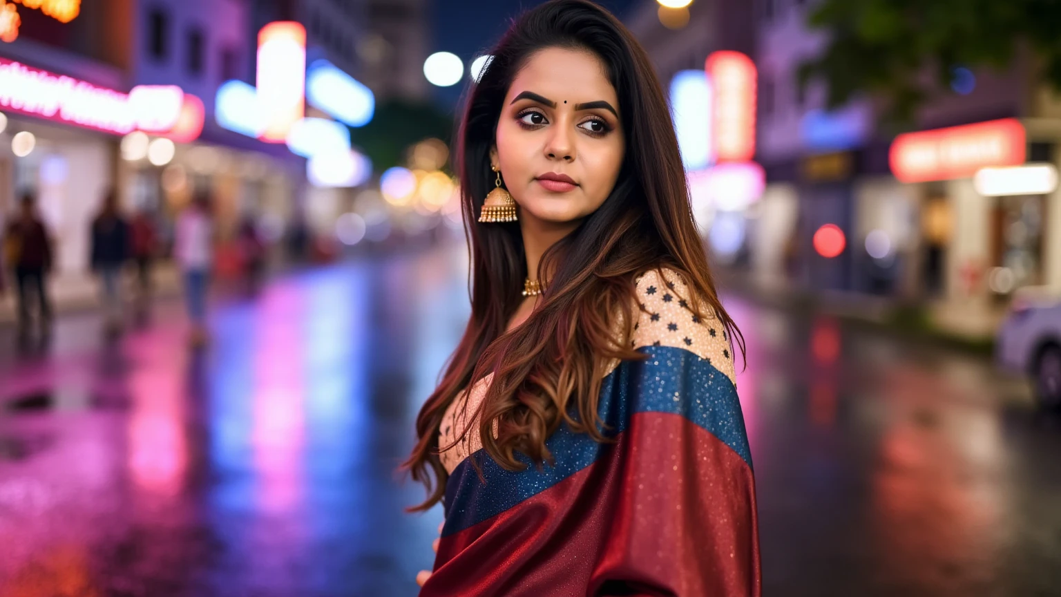 High-energy portrait of a Indian woman standing on a rain-soaked street at night, surrounded by neon signs reflecting bright blues, pinks, and yellows on the wet pavement. Her outfit is edgy and urban, with pops of metallic color that shimmer under the light. Her confident expression adds a cinematic feel to the vivid, bustling scene."