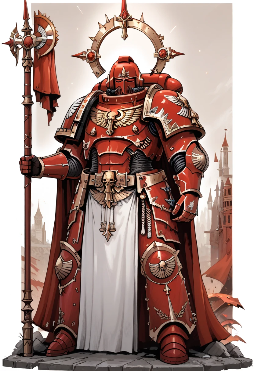 Anime, Concept art, Absurd resolution, high resolution, (masterpiece: 1.4), hyper-detail, warhammer 40k terminator armor, Juggernaut armor, heavy armor, knight, full body, glowing weapon, cloak, armor, red trimings, edgy, grimdark, octosoup, 1man, bulky, buff, red plume, loin cloth, primaris helmet, reference sheet, iron halo, BloodA40k, full shot, Holding_Halberd_V1, front view: 1.2,