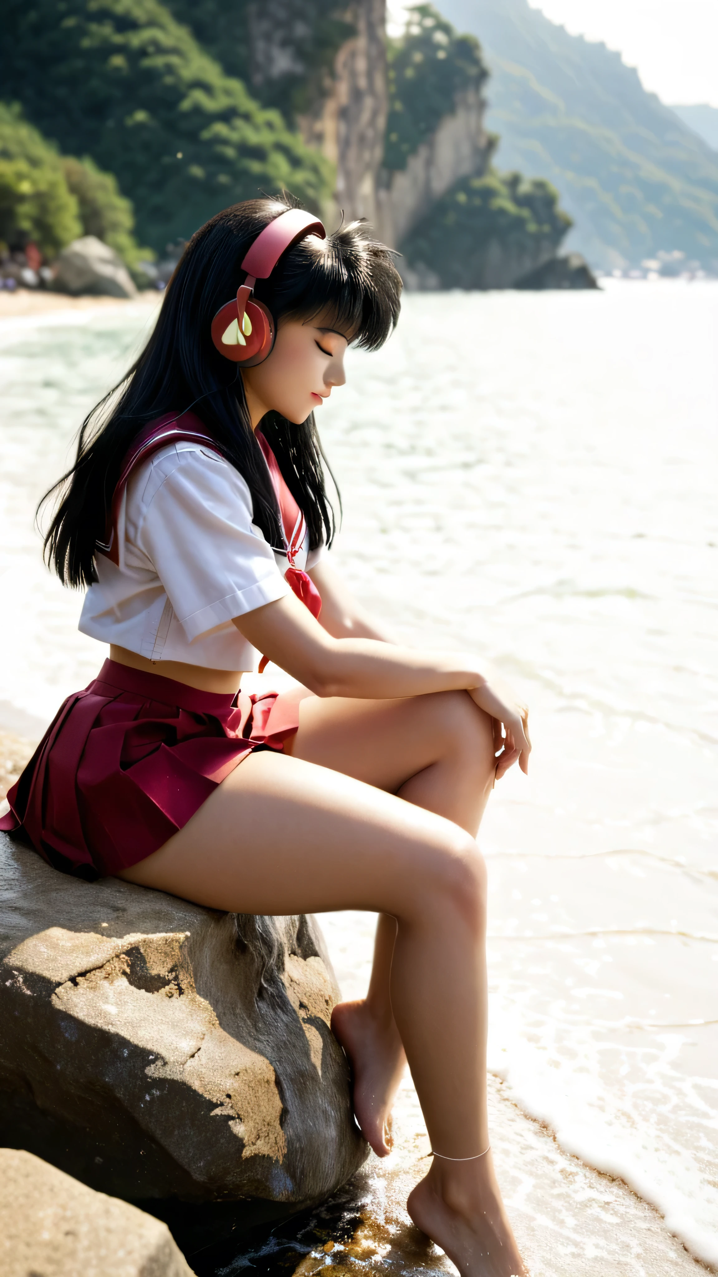 Kagome Higurashi chan / inuyasha, Black hair, a girl, headphones in your ears , long straight black hair, closed mouth , eyes closed , she opted for a school uniform, small breasts, Not suitable for work , big ass, thick thighs in bed, wide hips , sitting on a rock next to the sea, crossed legs , from the side