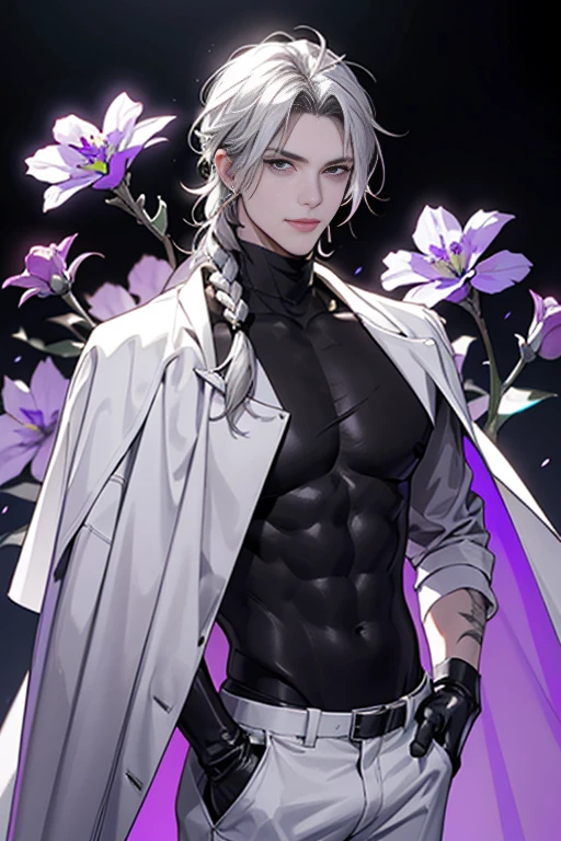 full HD, 4K, better quality, ((1 Adult man, 40 years))), ((white long Hair)), ((grey eyes)), , one long braid, (little purple flowers in hair), black turtleneck, white trousers, Black background, Large assembly, Pumped up body, good anatomy, (super detailed face), (Detailed eyes, Even the eyes), soft look, soft expression, ((sweet smile)), Dynamic pose in a white cloak, military, neckline on the chest, tattoos on the body, glowing light, ( violet flowers at the background), scars on the chest, look to the side, cyberpunk style, keeps one hand in his pocket, he looks away, (Dynamic pose), leather gloves, 