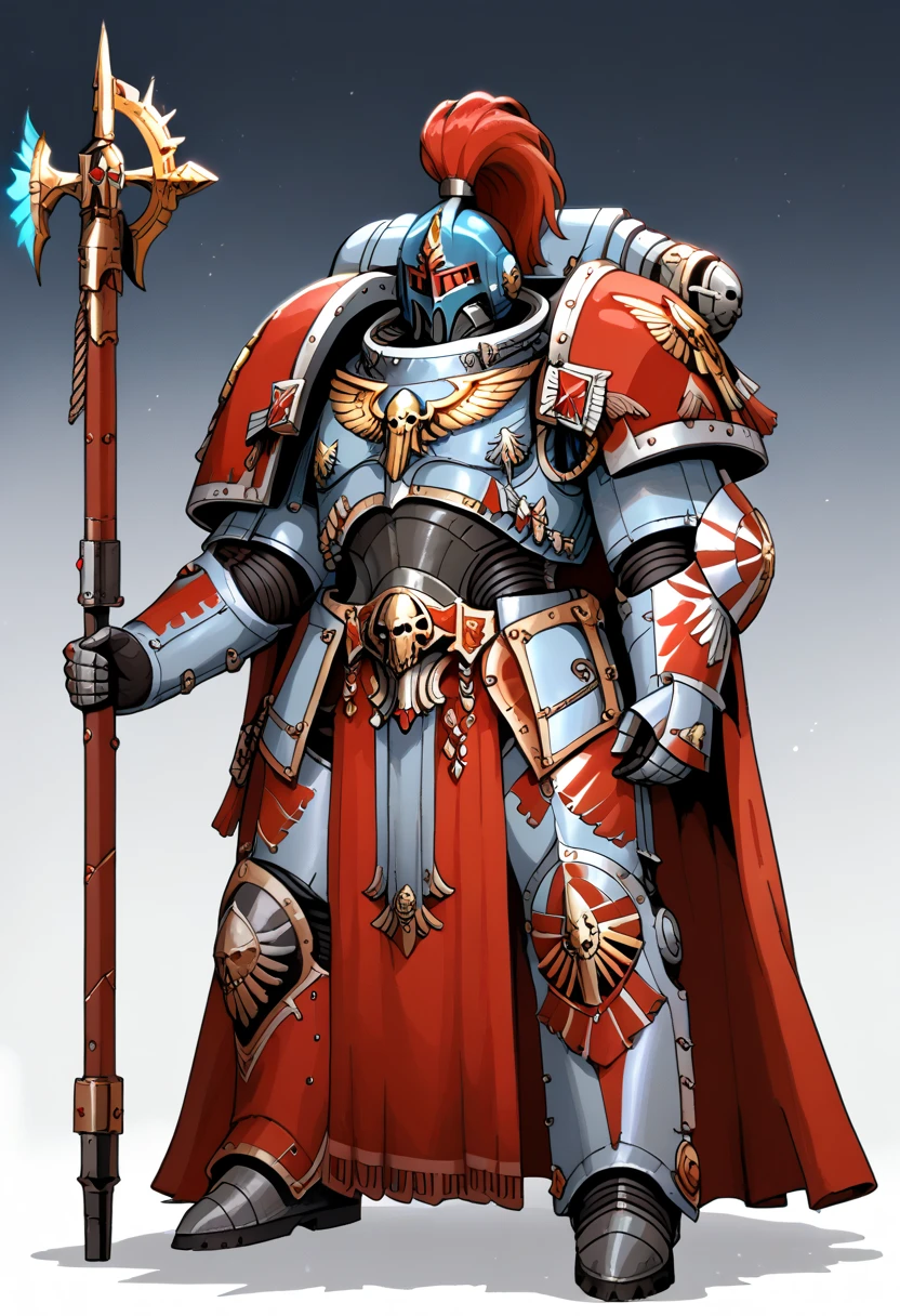 Anime, Concept art, Absurd resolution, high resolution, (masterpiece: 1.4), hyper-detail, warhammer 40k terminator armor, Juggernaut armor, heavy armor, knight, full body, glowing weapon, cloak, armor, red trimings, edgy, grimdark, octosoup, 1man, bulky, buff, red plume, loin cloth, primaris helmet, reference sheet, iron halo, SpaceW40k, full shot, Holding_Halberd_V1, front view: 1.2,