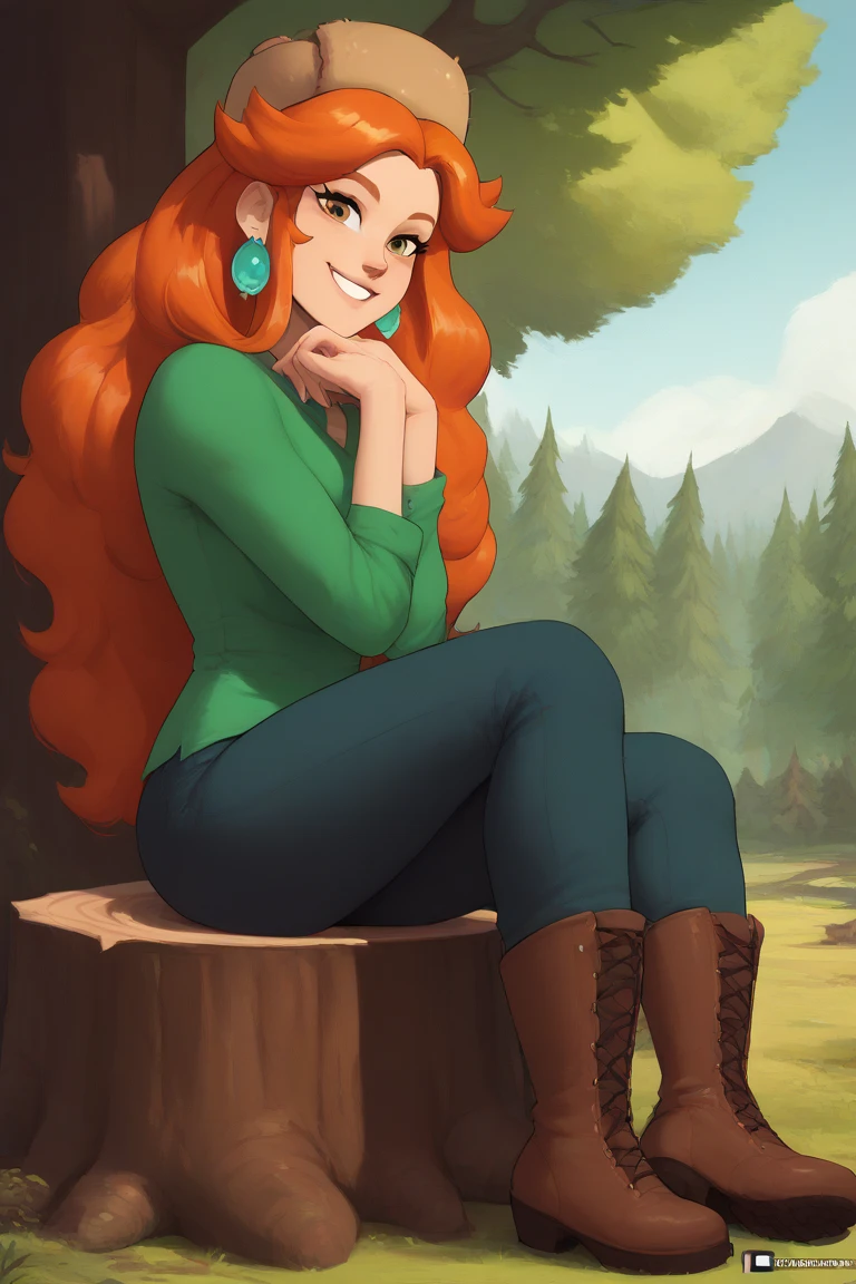 wendy, long hair, 1girl, orange hair, green shirt, earrings, fur hat,smile, pants, ,outdoors, tree, boots, sitting, tree stump, hand on own chin, looking at viewer,