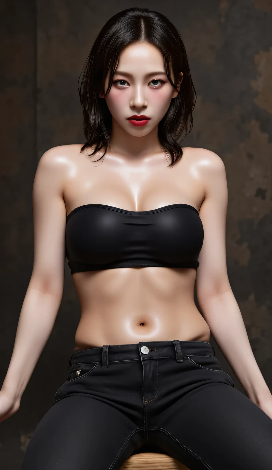 a 25 year old woman , sits front facing, whole body visible, thick dark red lips , using black strapless bikini top, black denim pants , sweating a lot, very detailed image quality