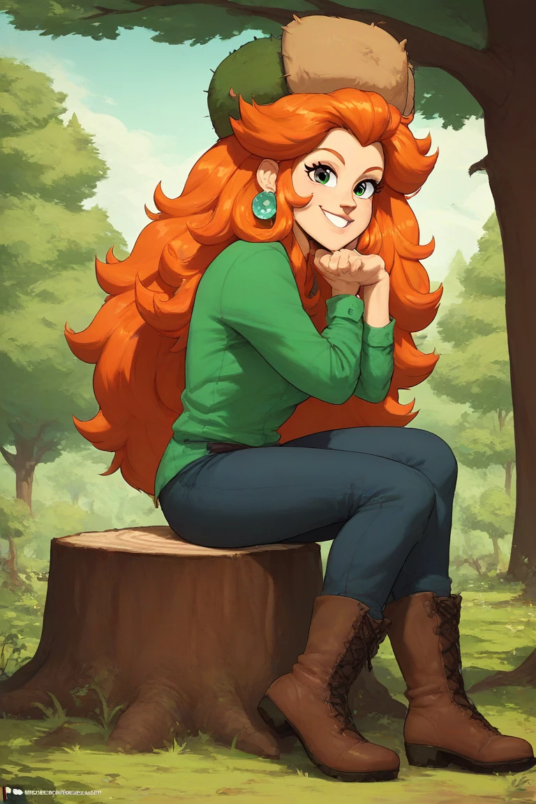 wendy, long hair, 1girl, orange hair, green shirt, earrings, fur hat,smile, pants, ,outdoors, tree, boots, sitting, tree stump, hand on own chin, looking at viewer,