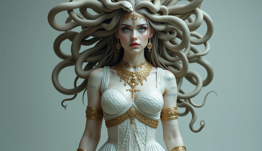  Medusa Greek mythology , (Ancient Greek clothing:1.3), (Gold and silver jewelry, Wide collar, bracelet, Armband, [珐琅bracelet, earrings, Wide waistband ),  hair of many snakes ,  image of a snake with snow white all over ,  fair skin covered with shiny scales,  sky blue eyes ,  slightly moist lips , Puppy teeth ,  showing red tongue , Thin waist, Wide hips,  perfect figure , ( hands on the waist ， legs apart,  Full body shot ), View from below, White snake image , 