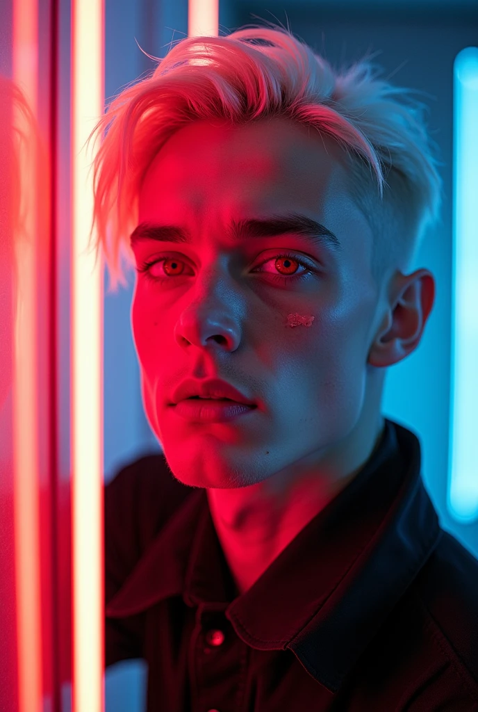 (Best Quality,4k,8k,High resolution,masterpiece:1.2),ultra detailed,sharp focus,(realist,photorealist,fotorrealista:1.37),Fotorrealist, alone, Young man, 22 years, Pale skin, Model (skinny:1.3), (short layered platinum blonde hair:1.5), nude, sexy, (CNTX neon letters:1.4), very detailed face bdsm background,extremely detailed facial features,hyper realist skin texture,extremely fine details,intricate details,
detailed eyes,detailed nose,detailed lips,Detailed facial expressions,intricate facial anatomy,intense lighting,dramatic lighting,lighting change,cinematic lighting,chiaroscuro lighting,dramatic shadows,dramatic moments,vivid colors,intense colours,Deep contrast,cinematic depth of field,cinematographic composition,cinematic camera angle