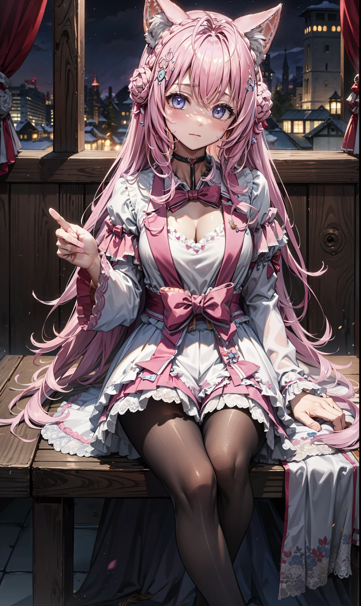 ( Best Quality,4K,8K, high-definition picture on the bench , masterpiece:1.2), extremely detailed, pretty girl ,Queen, magic ,enchanting,joy,Holy, magic al effect, pink hair ,Pink and white princess dress ,bridal crown , gold dress , Exquisite Outfits,tiered skirt ,Delicate lace,Delicate ruffles,bedroom, unique ,At night, lace pantyhose ,神圣条纹,Transparent clothing, Jewelry Decoration