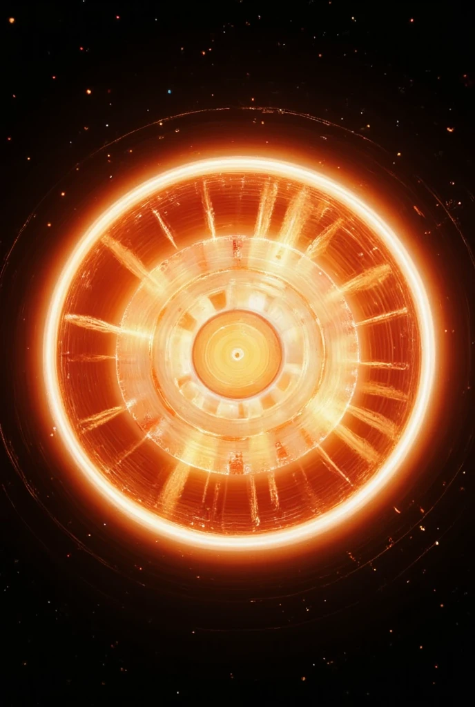 A fiery space background with a glowing circular frame. The circle is slightly translucent, with a soft orange and red glow, matching the fiery tones of the background. The design should feel futuristic and dynamic, with enough contrast to display white or black text clearly inside the circle