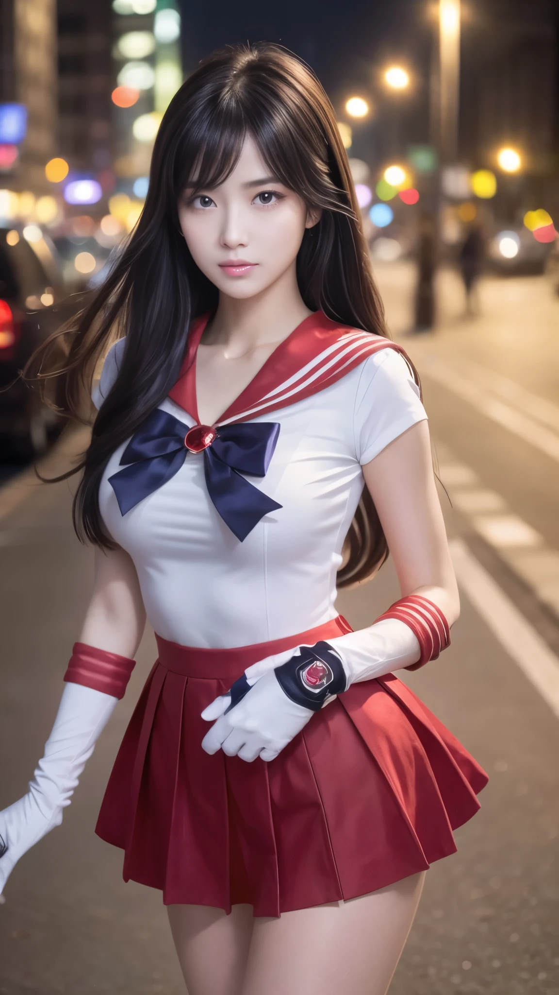 A masterpiece, high quality, A realistic depiction of a young woman with long black hair, bangs, body from head to thigh, wearing a sailor-style outfit inspired by the anime Sailor Mars. The outfit includes a white top with a red sailor collar, a large purple ribbon on her chest, and a super short red pleated skirt, long white gloves, elbow-length gloves (with red bracelet-like ends). A very beautiful Japanese woman, sweet smile, thin smile, sparkling red lips, beautiful eyes, red eyes, large and red pupil cylinders, large breasts, firm breasts, large waist, large thighs, chubby body, sweet black skin, Indonesian skin. Red necklace (golden pearl in the middle of the necklace), small golden tiara on the forehead. She stands looking at the camera, striking a sexy pose, an elegant pose. She stands in the middle of a modern city street with tall buildings in the background (faintly), under warm lighting that enhances a bright and soft aesthetic (professional lighting). The overall style is detailed and photorealistic, with a focus on capturing the character's charm. Realistic.