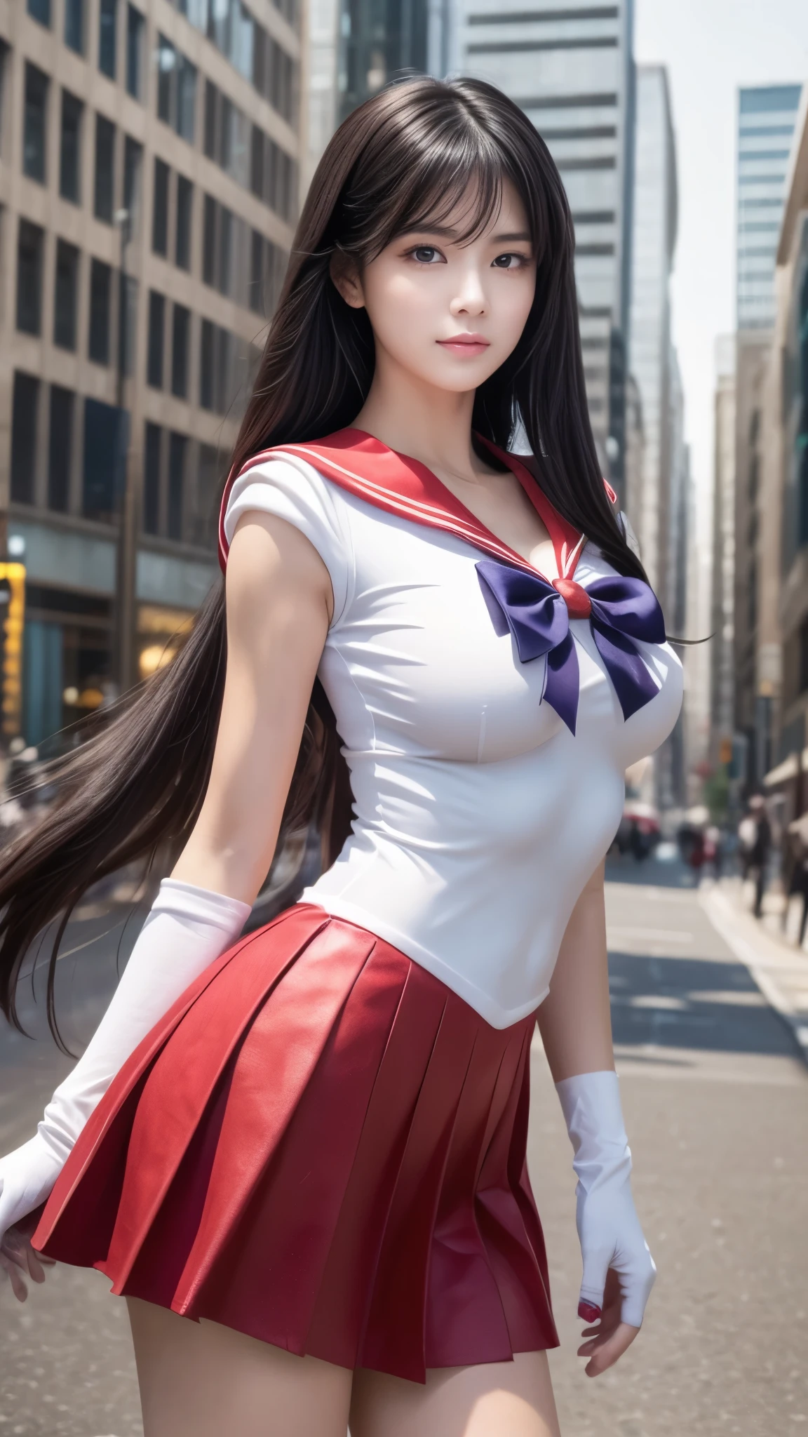 A masterpiece, high quality, A realistic depiction of a young woman with long black hair, bangs, body from head to thigh, wearing a sailor-style outfit inspired by the anime Sailor Mars. The outfit includes a white top with a red sailor collar, a large purple ribbon on her chest, and a super short red pleated skirt, long white gloves, elbow-length gloves (with red bracelet-like ends). A very beautiful Japanese woman, sweet smile, thin smile, sparkling red lips, beautiful eyes, red eyes, large and red pupil cylinders, large breasts, firm breasts, large waist, large thighs, chubby body, sweet black skin, Indonesian skin. Red necklace (golden pearl in the middle of the necklace), small golden tiara on the forehead. She stands looking at the camera, striking a sexy pose, an elegant pose. She stands in the middle of a modern city street with tall buildings in the background (faintly), under warm lighting that enhances a bright and soft aesthetic (professional lighting). The overall style is detailed and photorealistic, with a focus on capturing the character's charm. Realistic.