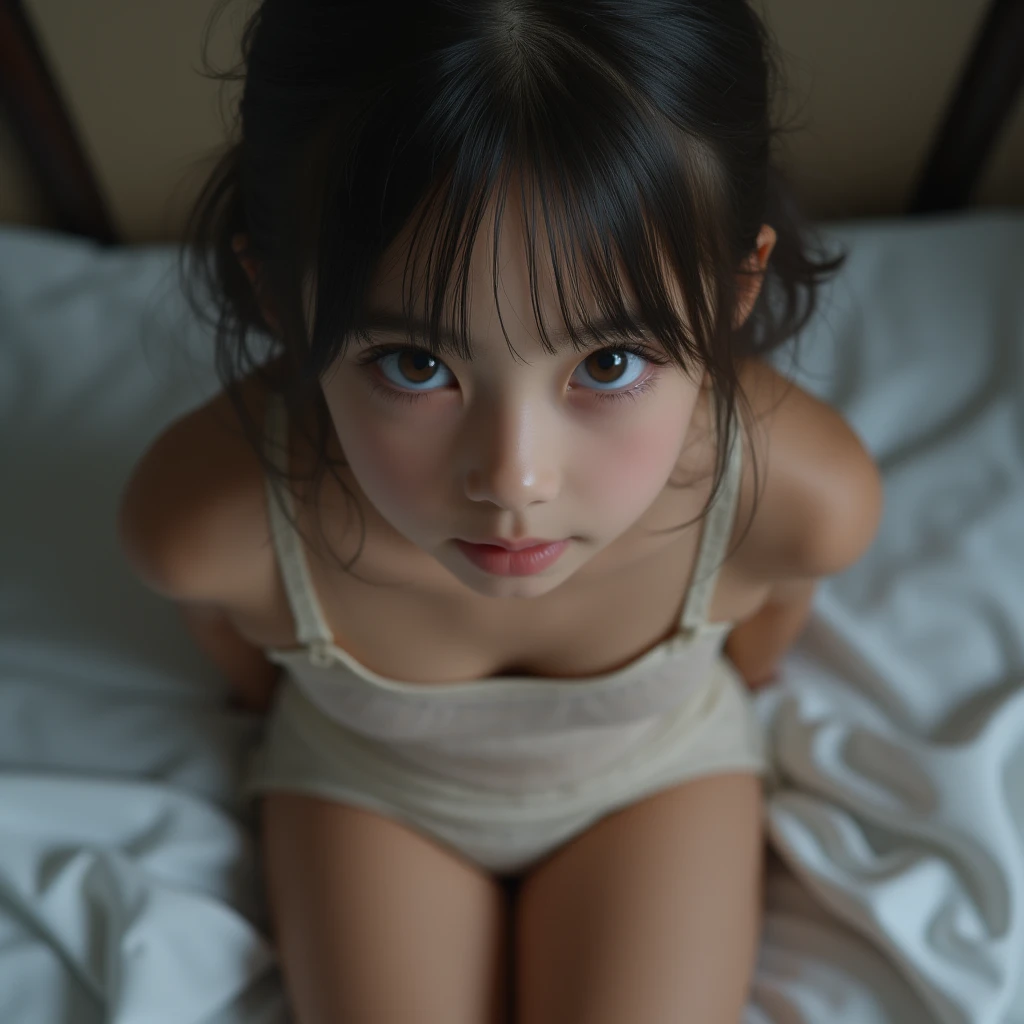 cuteloli,loli,SuchKGirl,hyper realistic,HD,best quality,6-years-old,upper_body,looking at viewer,from_above,top down view,looking up,  negligee,