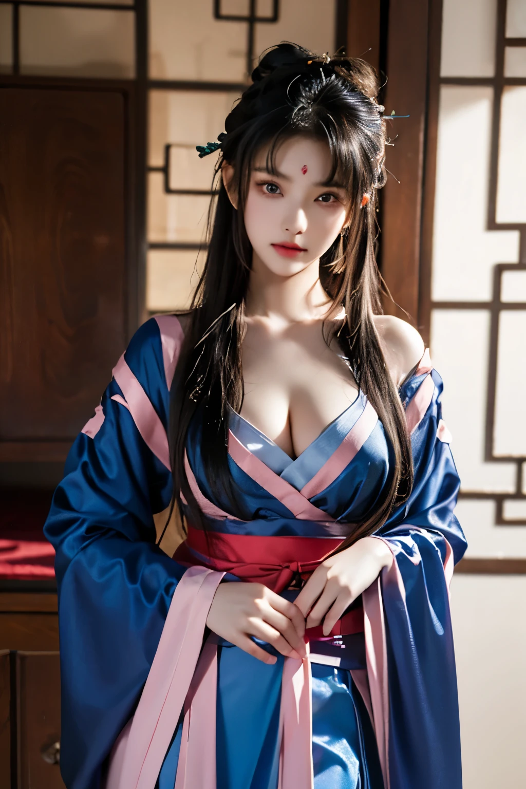 liumengli, 1girl, solo, cosplay,
hanfu, chinese clothes, wide sleeves, long sleeves, sash, hair ornament, blue dress,
long hair, black hair,single hair bun, blunt bangs, sidelocks, ,((Portrait-oriented, focusing on the subject's body above the calves)), (from below:1.2), (Full chest, deep V-neck, visible cleavage), (I-type Valley), (Very short hemline, revealing smooth thighs), Realistic beautiful woman, sexy long-legged model, standing gracefully with elegance.     The model's pose features a slight knee bend on one leg, while one hand elegantly lifts the hem of her skirt up to her thigh.   soft natural makeup, and her hair flows beautifully in the gentle breeze.  Photorealistic lighting and shadows, high detail, 4K resolution.