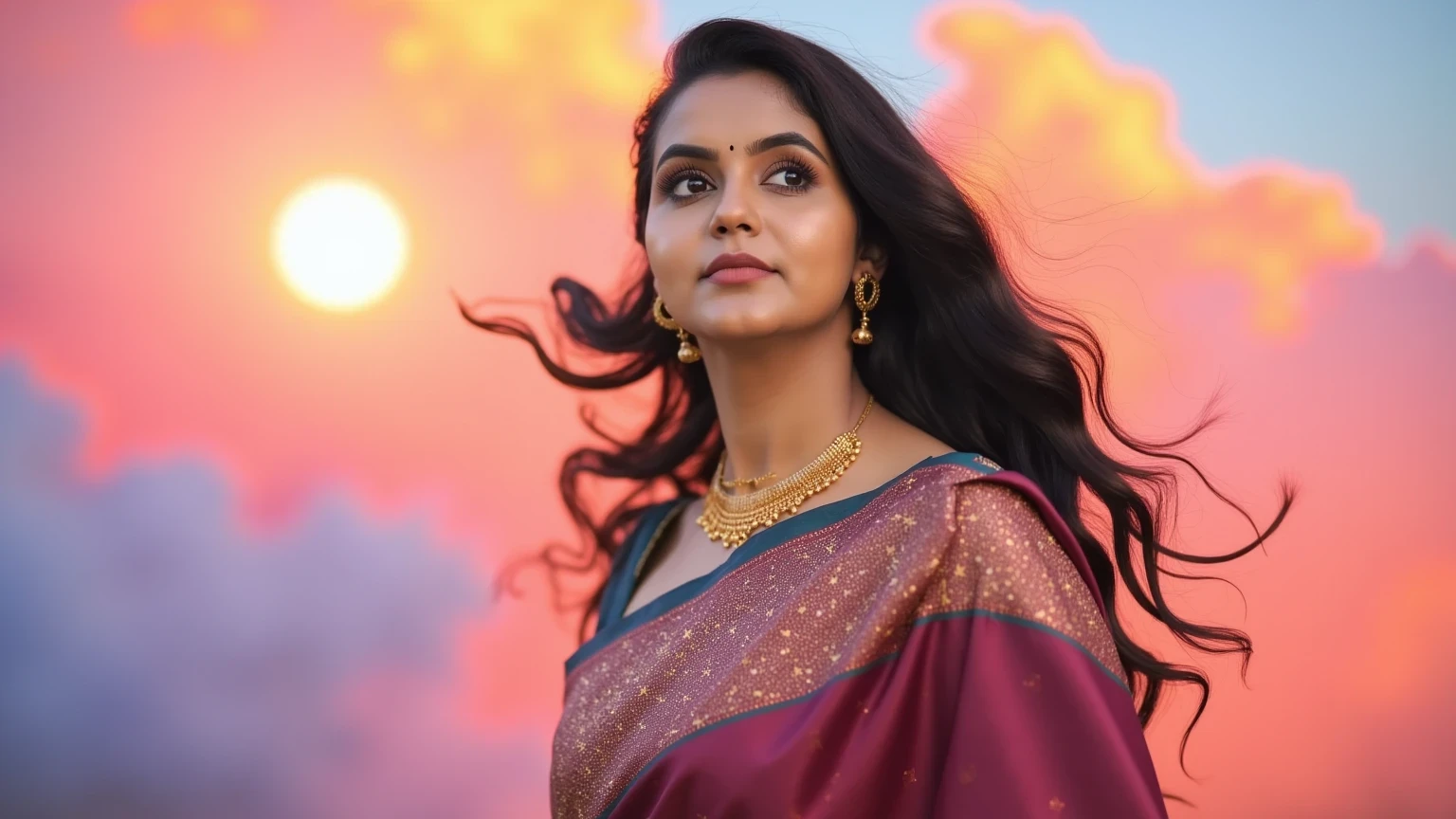 Dreamlike portrait of a Indian woman floating in a sky filled with vivid, colorful clouds, painted in shades of pink, orange, and blue. Her hair moves as if in slow motion, and her outfit sparkles like tiny stars. The sun is setting in the background, casting a warm, golden light that complements the surreal, vivid environment