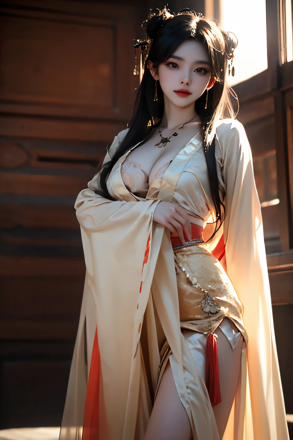 Neat and clean priestess、((best qualtiy、8k masterpieces:1.3))、foco nítido:1.2、(ultra beautiful faces:1.0)、(shinny skin:1.0)、photos realistic、A dark-haired、Video Lighting、High-definition eyes and face、Video Lighting、Japan Idol Actress、from the front side、medium breasts、Smile、Slender Abs Beauty、Whole body、Wearing a red priestess costume、In the precincts of the shrine in the morning、