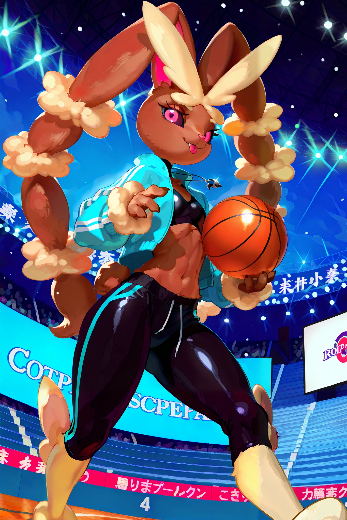 anthro, [char1="(wears blue and white Jacket, wears, black spike necklace,  (tight and black training_pants), Japanese Illustration Style, detailed eyes, perfect eyes, detailed black_eyeylashes, 1 anthro_girl, brown_fur textured, (mega_lopunny:1.5), lopunny_pokemon, (jazzy), Anatomically Correct, slim and tiny, (bites her lower_lip), slender, naughty expression, tongue out, bare feet"], char1 holds a golden_trophy and a basketball on a stadium's stage, (kda popstar_ style), high detailed, High Resolution, Ultra-Wide, handhold, Cut-in, Atmosphetic Perspective, pink eyes, Soft Colors, Solo, Solo, Accurate, Action Painting, Timeless, Naughty, Eyelashes, Pop Art, Pensive, Masterpiece, breathtaking, sdxl, , by darkgem, by kenno_arkkan, (by oouna :1.25), by youjomodoki, (lineless:1.5), (Impasto style:1.25), masterpiece, high res, best quality,