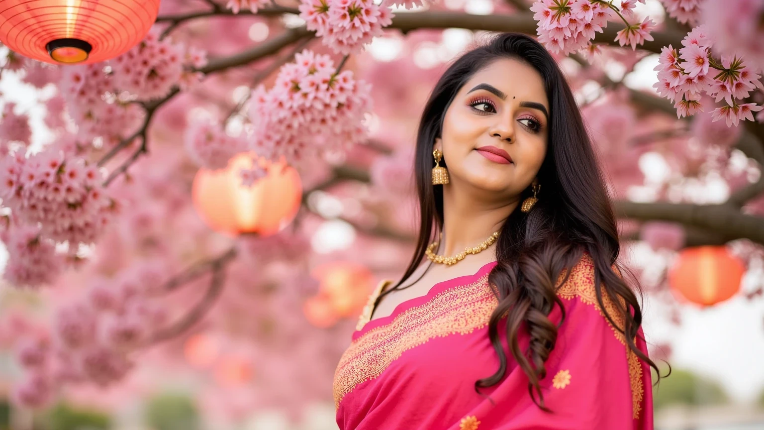 Elegant portrait of a indian woman standing under a canopy of glowing cherry blossoms, each petal radiating bright shades of pink and white. Her dress is intricately embroidered with subtle hints of gold, complementing the colorful scenery. The soft light of paper lanterns hangs around her, creating a tranquil yet vividly beautiful moment