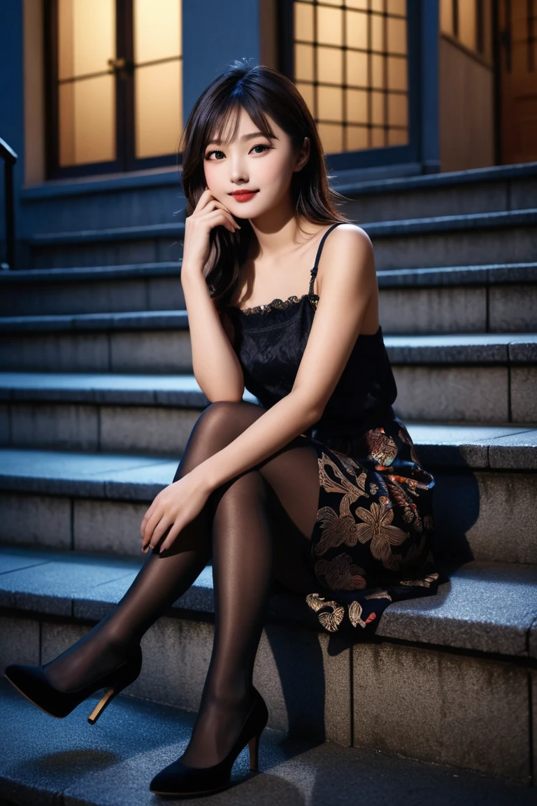 1 person。Japanese young beauty。Moonlit Night。
Wearing black stockings on bare skin。 is wearing pumps。 I'm putting my hand on my cheek。
Sitting on the stairs of a building street 。Smiling slightly ,  fine skin,   dramatic lighting ,   realistic  , 8k,   dramatic shadow   ,   intricate and elaborate patterns  ,  beautiful color ,   Deep Contrast   ,   super real 、  cinematic composition、