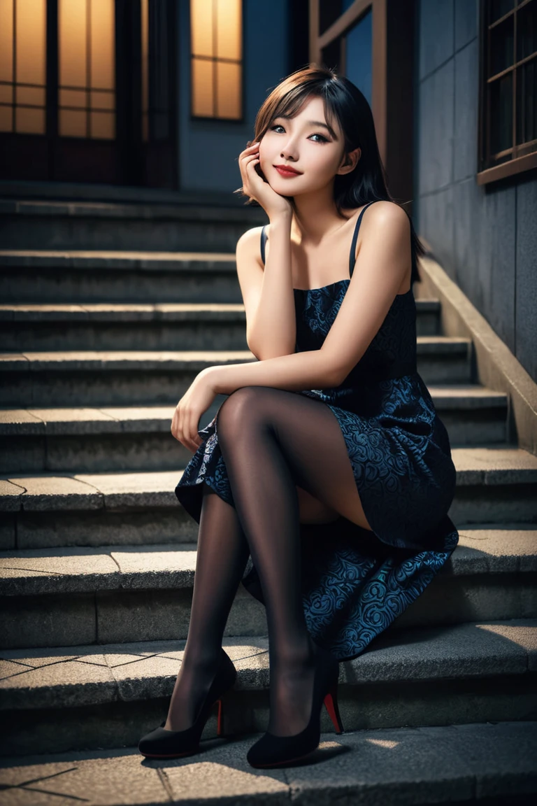 1 person。Japanese young beauty。Moonlit Night。
Wearing black stockings on bare skin。 is wearing pumps。 I'm putting my hand on my cheek。
Sitting on the stairs of a building street 。Smiling slightly ,  fine skin,   dramatic lighting ,   realistic  , 8k,   dramatic shadow   ,   intricate and elaborate patterns  ,  beautiful color ,   Deep Contrast   ,   super real 、  cinematic composition、