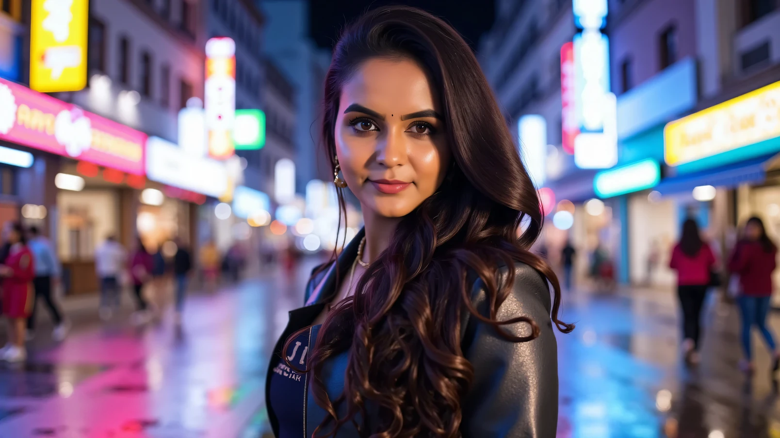 High-energy portrait of a Indian woman standing on a rain-soaked street at night, surrounded by neon signs reflecting bright blues, pinks, and yellows on the wet pavement. Her outfit is edgy and urban, with pops of metallic color that shimmer under the light. Her confident expression adds a cinematic feel to the vivid, bustling scene."