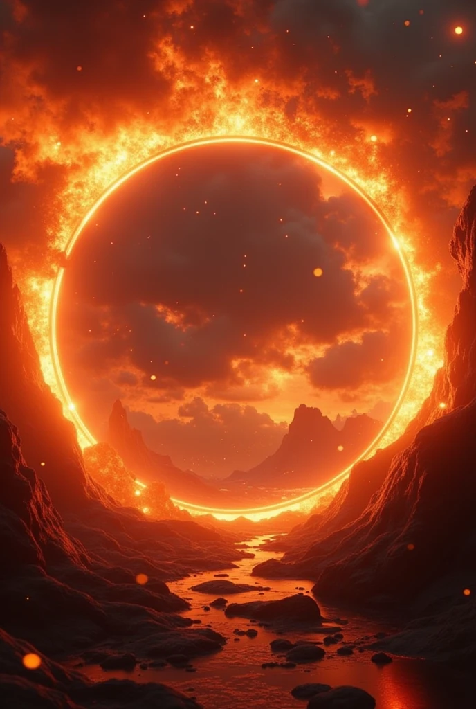 A fiery space background with a glowing circular frame. The circle is slightly translucent, with a soft orange and red glow, matching the fiery tones of the background. The design should feel futuristic and dynamic, with enough contrast to display white or black text clearly inside the circle