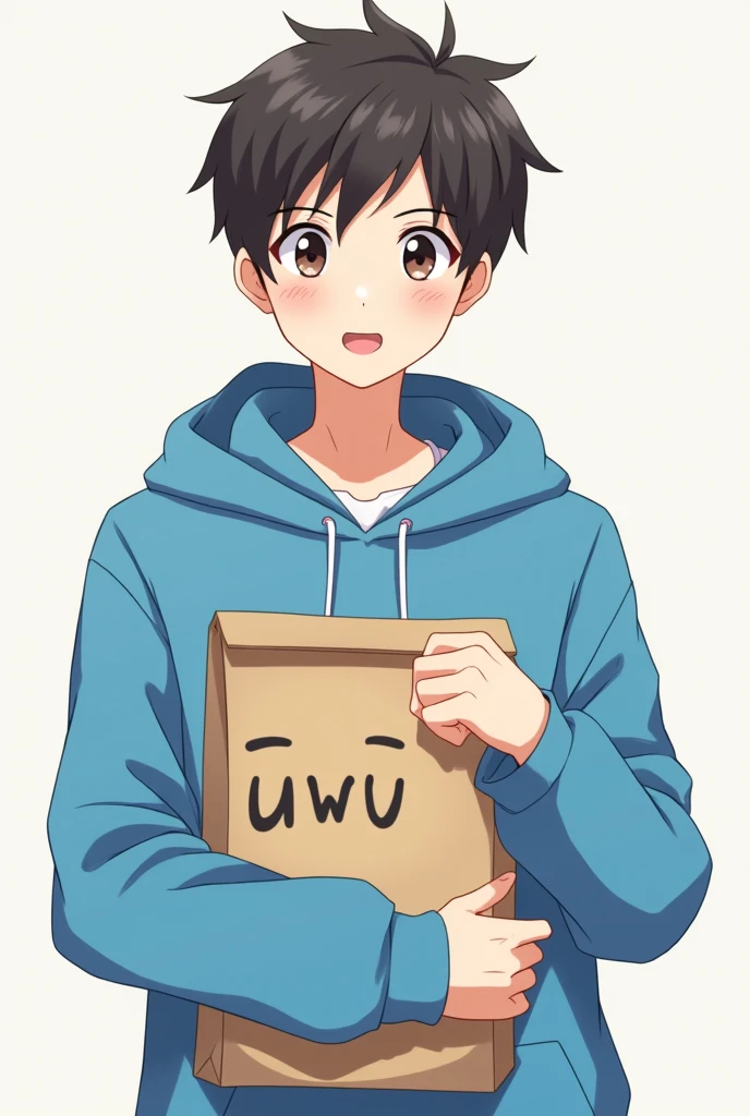 A guy wearing a blue hoodie and a paper bag with an "UwU" face drew on the paper bag in an Anime style