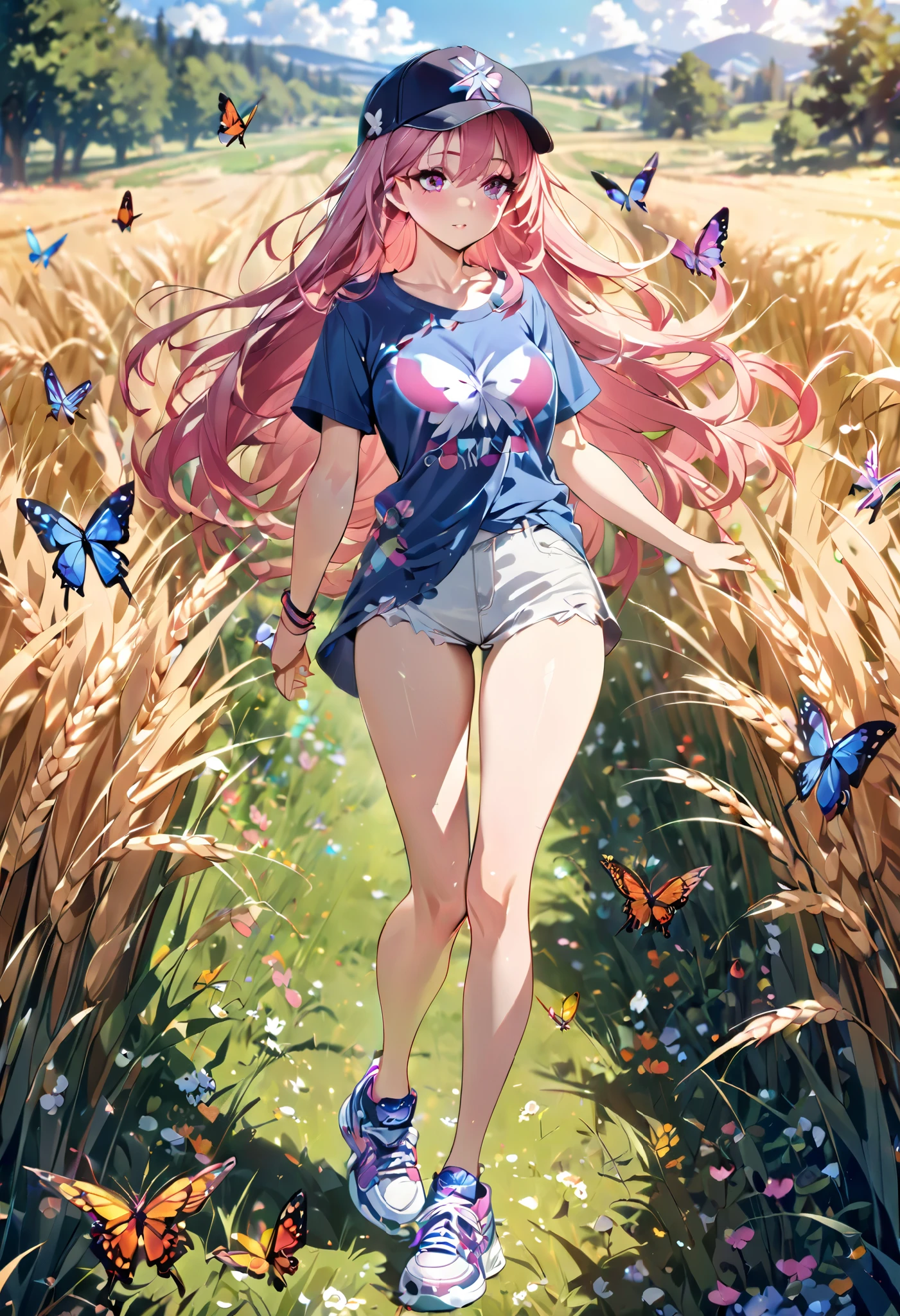 anime, wallpaper, girl, sexy, Charming, beautiful breasts, perfect anatomy , t-shirt , pink , decorations, cap, sneakers, full length, light makeup, long hair, Meadow background, wheat , bright colors, Butterflies, sunny day , 8k best quality , excellent details, Lots of Details , complex composition , masterpiece fails,