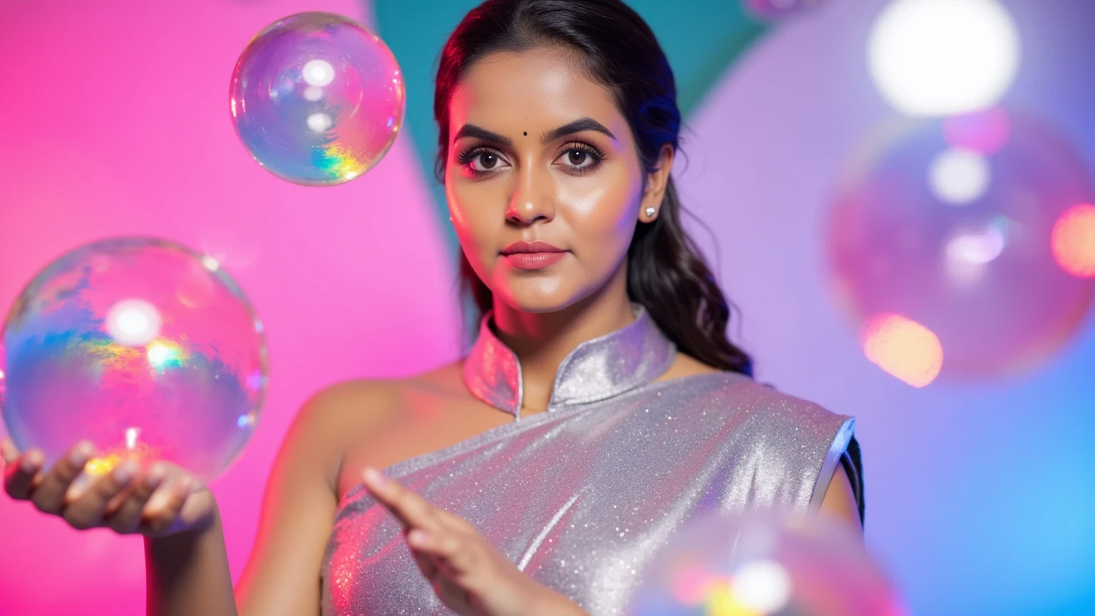 Surreal portrait of a indian woman surrounded by floating glass orbs filled with swirling liquid rainbows. Her outfit is sleek and futuristic, with holographic fabric that shifts colors under a soft glow. The background is an abstract gradient of vivid pinks, blues, and purples, creating a dreamlike and dynamic atmosphere."