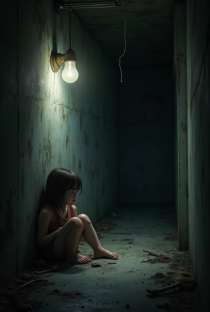 A small girl crying in a dark basement - SeaArt AI
