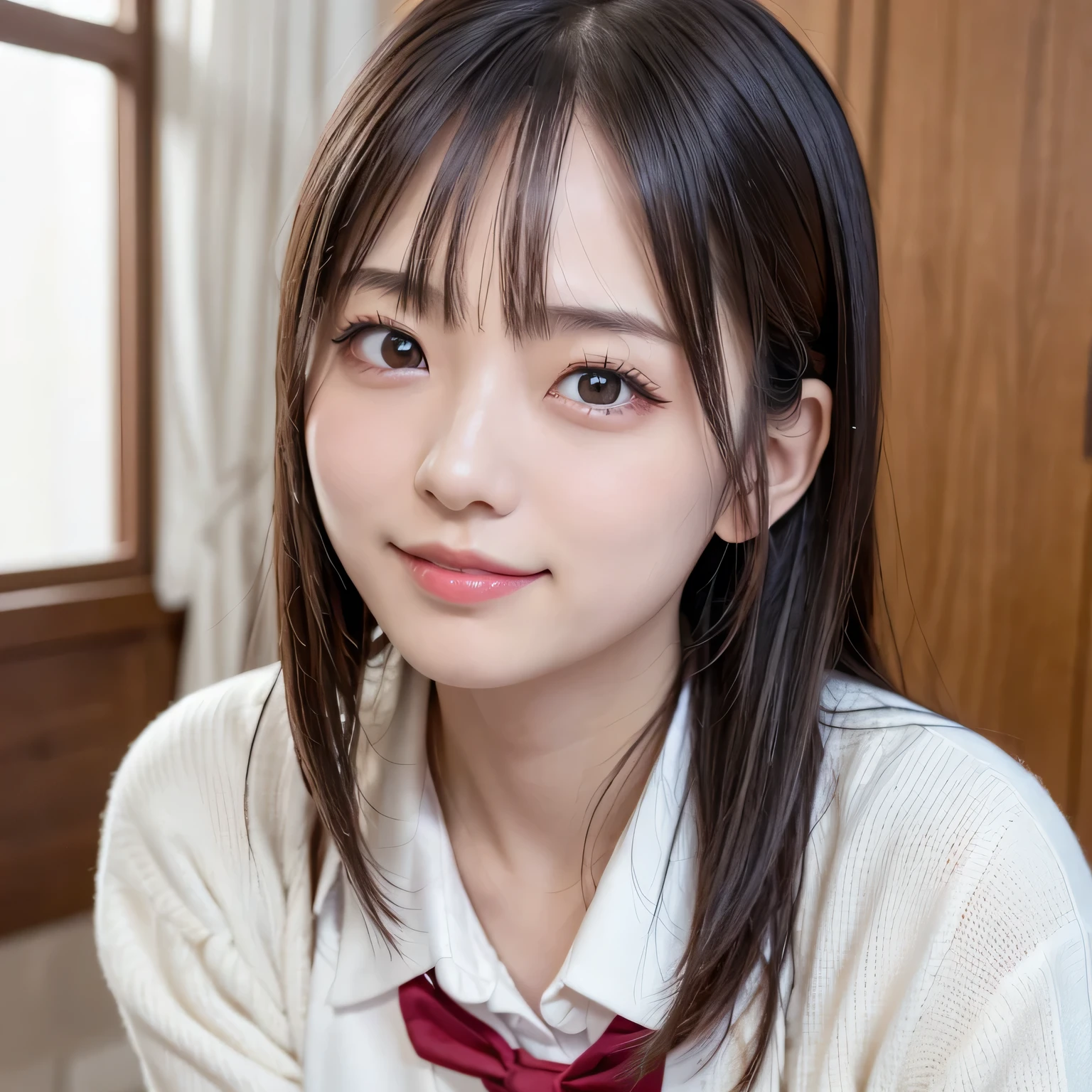 nsfw, 8KRAWphotograph, (( sailor school uniform)) top quality, masterpiece, cute face、、 smile、 cute face、 super A high resolution, membraneグレイン, membrane, one girl , Watching Viewers , natural skin texture, realistic eye and face details, Perfect teeth alignment 、Perfect eyes and a perfect mouth、 Bans, 別れたLips, Lips,