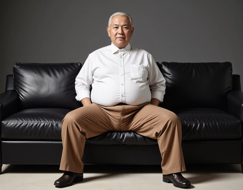 raw 4k photo, full body view, a 78 years old japanese old man, looking straight at viewer, big chubby fat, fat tummy short gray/white thinning hair, clean shaven, wearing white shirt and tie, a hugging tight brown colour trousers, brown loafer shoe, sit back on a big black leather sofa in his modern architecture living room, right hand grab his crotch and left hand on his thighs, Dark gray colour wall background, face looking straight at viewer, spread legs wide open, showing his small bulge, highly detailed bulge, large testicles print outline, highly detailed bulge with big penis print outline, shp highly detailed, exceptional realism, bright lighting, hyper realistic,, highly detailed, exceptional realism, highly detailed, hyper realistic 