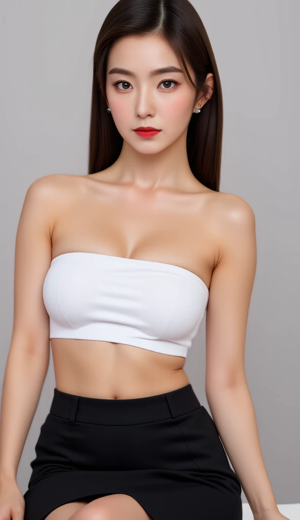masterpiece, highest quality, alone, 1 girl, glowing skin, sparkling earrings, glamorous, quirky details, slicked hair, attractive, bare shoulders, Sheer lace crop top, Tight Skirt, shallow depth of field, contrasting, Professional Model, facing the front, Overbyte、half open mouth、blush、 small and perky breasts