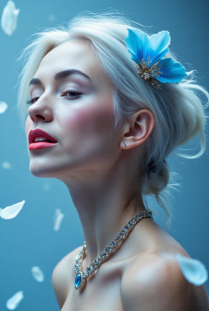 masterpiece, best quality, good quality, very aesthetic, absurdres, newest, 1girl, solo, long_hair, hair_ornament, dress, jewelry, upper_body, closed_eyes, white_hair, grey_hair, flower, earrings, parted_lips, teeth, hair_flower, necklace, collar, sparkle, petals, makeup, blue_dress, blue_background, portrait, gem, facing_viewer, blue_flower, one_eye_covered, blue_theme, red_lips, falling_petals, blue_gemstone, flower_over_eye 