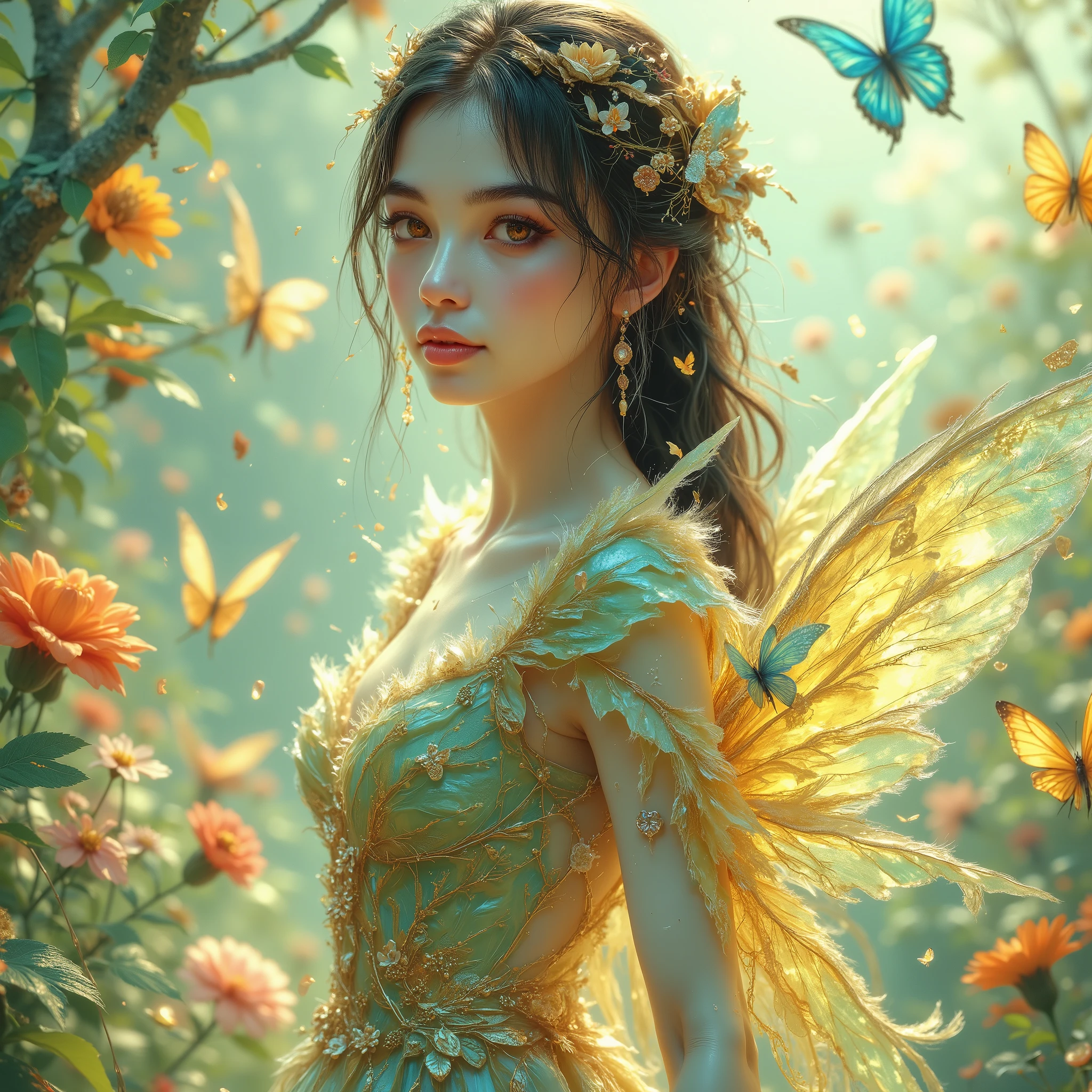 (Canon), (EOS R5), (85mm), (No lens flare  :1.5), (超 High Resolution :1.5), (masterpiece), Accurate, (( photorealistic:1.9)), ((解剖学的にAccurate人体:1.4)), ( realisticな質感の肌),  more details,  high detail,  High Resolution , Award-winning works,32K,  depth of field,  digital camera,  Award-winning glamour photo ,  professional lighting, (( Vivid, bright, beautiful, and delicate professional art photo :1.5)), (( best quality :1.5)), ((masterpiece:1.5)), (( realistic)), ( beautiful, vivid, and bright atmosphere ), ( A very beautiful and cute Japanese woman ), ((( upper body shot  :1.5))), ((Movement like dancing in the sky )), (( beautiful and beautiful,  20-year-old Japanese college girl )), ( beautiful, fluffy long brown hair ), ((Extremely detailed and realistic skin :1.5)), (( realistic skin)), (( Extremely Detailed and Realistic Brown Sparkling Eyes :1.5)), (( beautiful catchlight on the eyes:1.4)), (( Extremely sexy and beautiful brown eyes  :1.5)), (( Extremely detailed, long, beautiful eyelashes :1.5)), ((Extremely detailed and beautiful eyebrows :1.5)), (( Extremely detailed and charming moisturized lips :1.5)), (( White realistic teeth arranged beautifully )), ( Pretty Woman Wearing a Sparkling Fairy Style Dress with Very Bright Light Green and Very Bright Yellow), (Fairy Style Dress with Butterfly Wings ),  LOTS OF COLORS々 deep covering a crown of flowers ,  Long brown hair and clothes fluttering big in the wind ,  looking at me with a gentle and cute expression , (A cute smile that shows some teeth:1.5), Skin feels soft ,  Natural makeup with gentle hues ,  Clear and fresh atmosphere ,  The V-neck dress with delicate embroidery is beautiful as if receiving light with a gradation of bright pale green and bright yellow ,  The hem of the dress has a soft, wavy form and creates a light atmosphere , 背景はぼかしがあるアートな雰囲気の LOTS OF COLORSとりどりの花が一面に咲いている鮮やかでとても美しい風景でとても柔らかな光が降り注いでいる,  A dreamy image characterized by extremely vivid colors and delicate depictions ,  wearing a pale green and yellow fairy style dress Women , Beautiful footage from the movie ,  Lots of Sparkling Pastel Butterflies Flying Around ,  Beautiful Depiction That Makes You Feel the Movement Joyfully Dancing While Spinning in the Wind 
