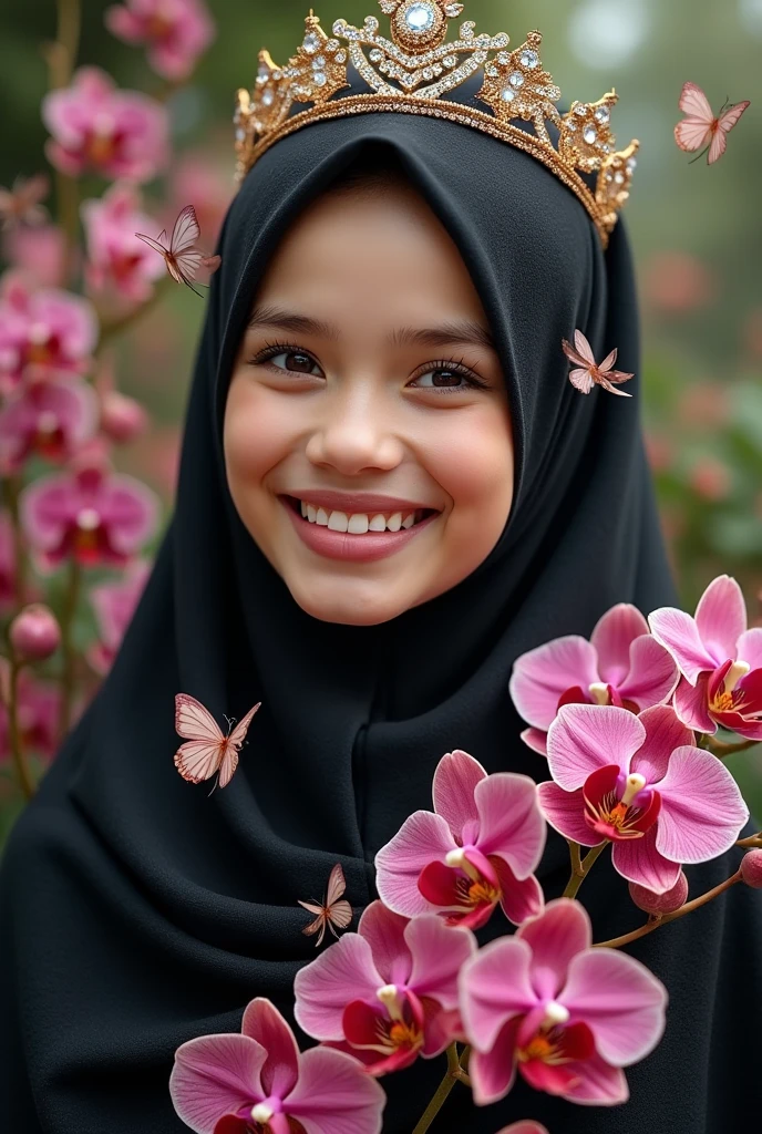 A beautiful Indonesian girl, smooth white skin, well-groomed face,wearing a brown hijab in a modern style,wearing a red orange knitted hoodie, smiled faintly,posing next to a purple orchid in full bloom. Latar belakang tumpukan bunga anggrek banyak .Realistic original photo 